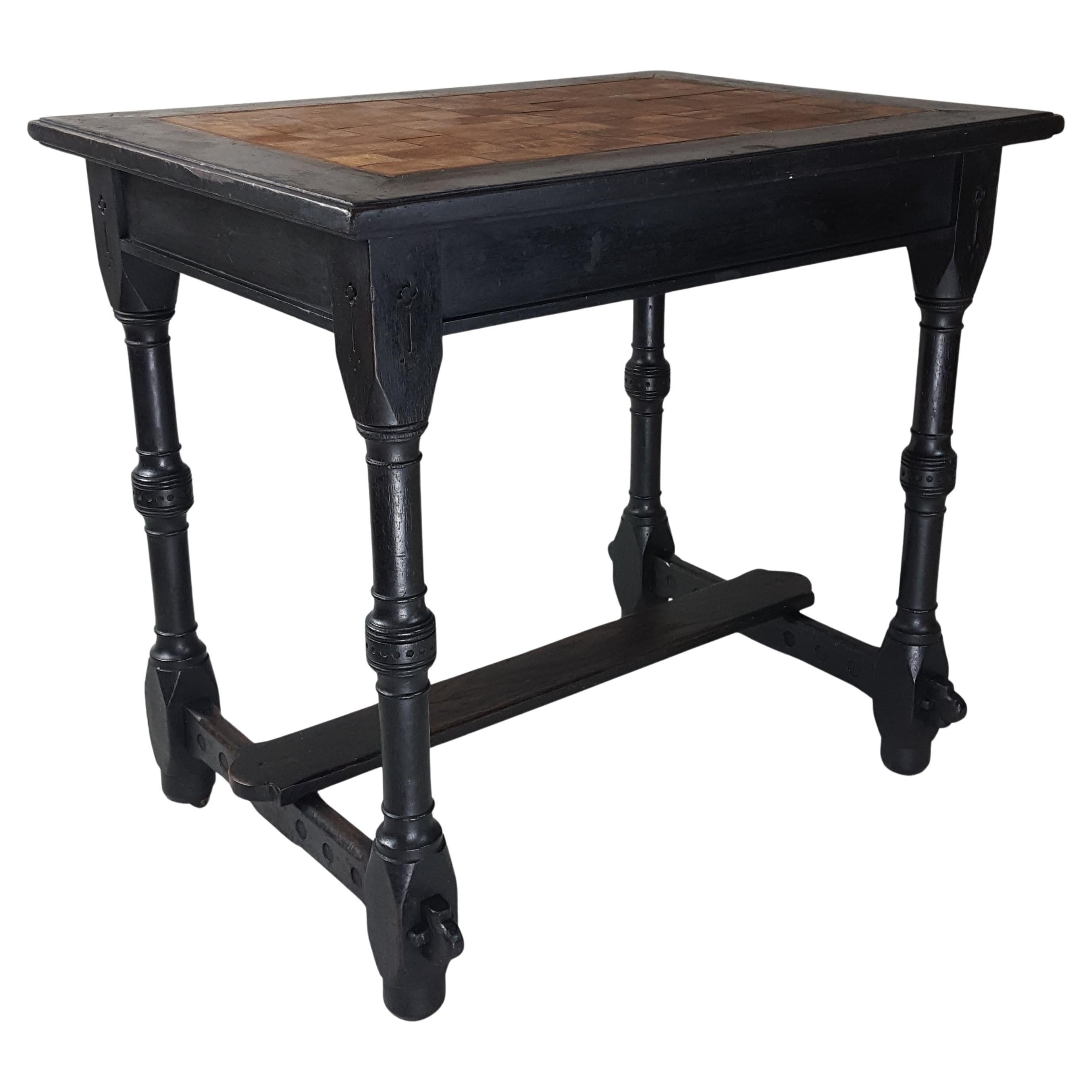 Victorian Gothic ebonised and parquetry table. For Sale