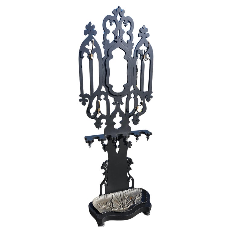 Victorian Gothic Hall Tree Coat Rack with Mirror w Cast Iron