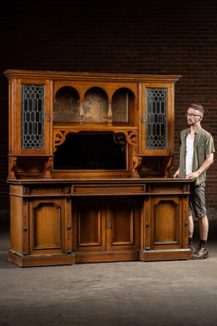 Victorian Gothic Revival Oak Sideboard Hutch with Leaded Glass Doors