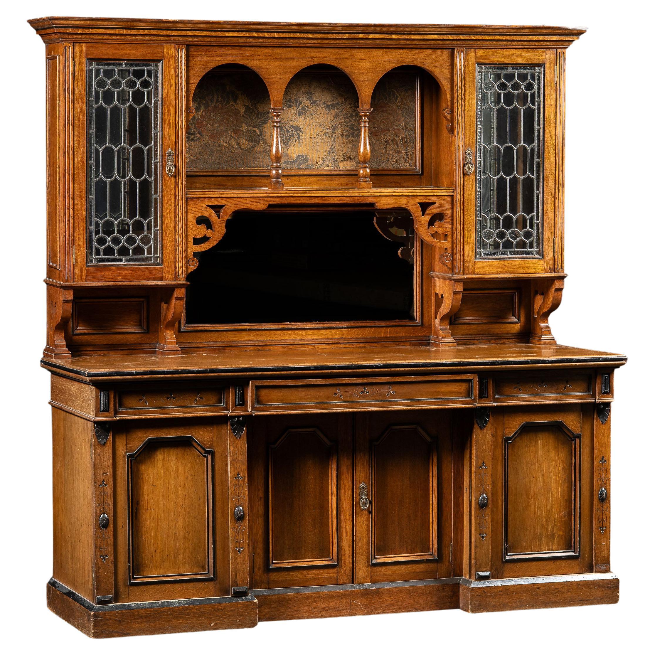 Victorian Gothic Revival Oak Sideboard Hutch with Leaded Glass Doors For Sale