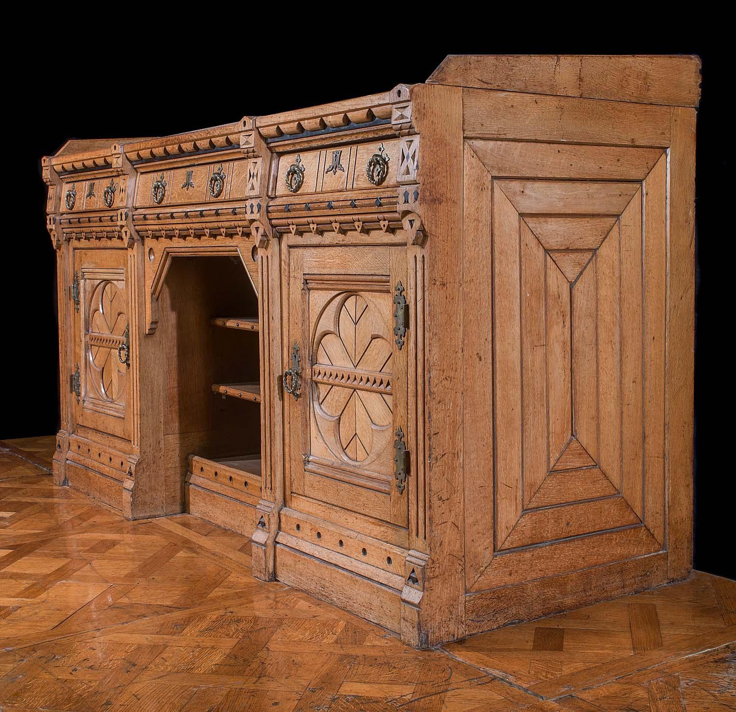 Hand-Carved Victorian Gothic Revival Oak Sideboard with Ebony Inlay For Sale