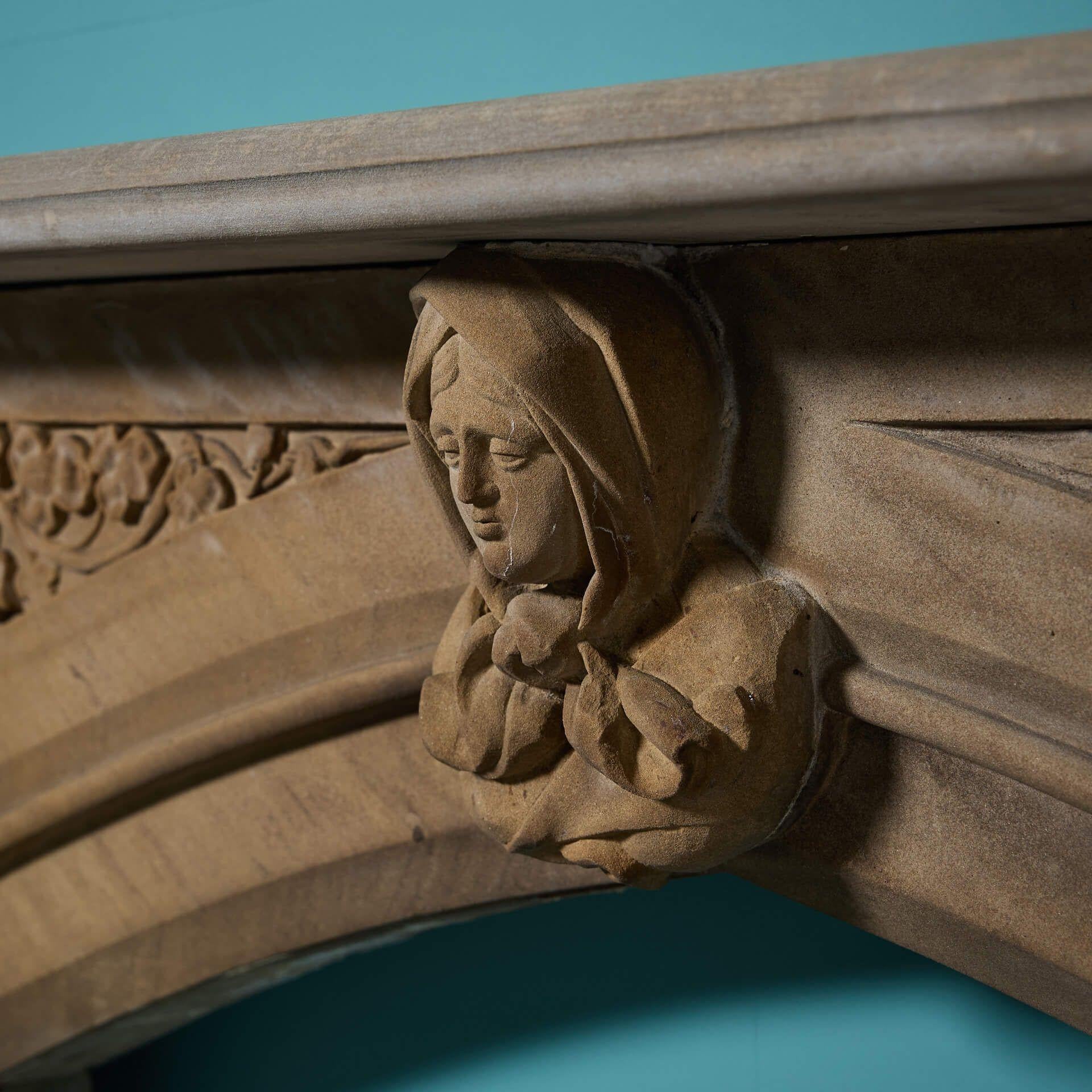 Stone Victorian Gothic Revival Sandstone Fire Mantel For Sale