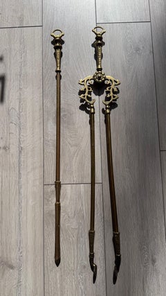 Victorian Gothic Solid Brass Fire Companion Pair, Fireplace Tools, 19th Century