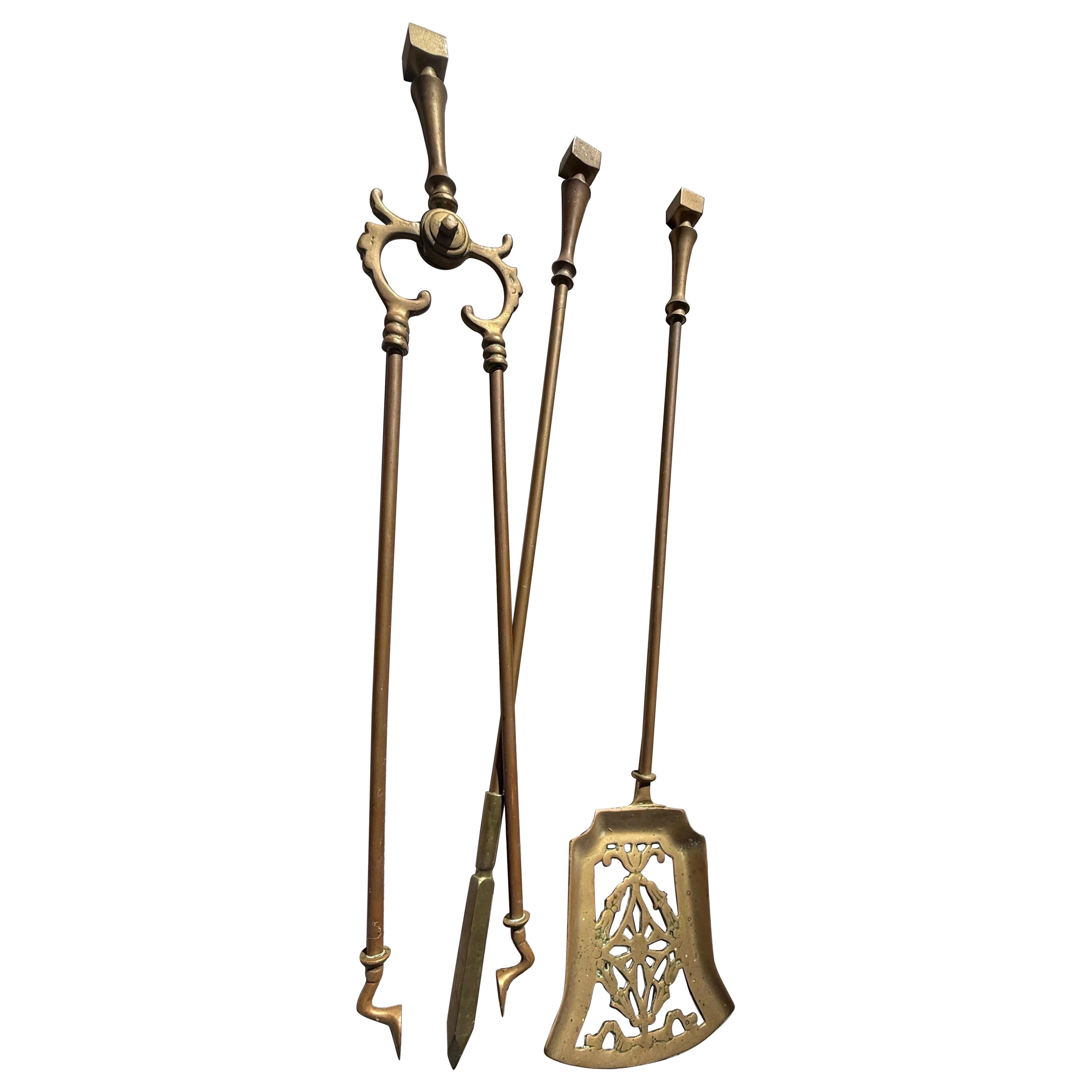 Victorian Gothic Solid Brass Fire Companion Pair, Fireplace Tools, 19th ...