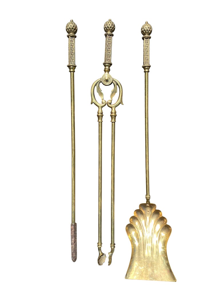 Victorian Gothic Solid Brass Fire Companion Set, 19th Century For Sale