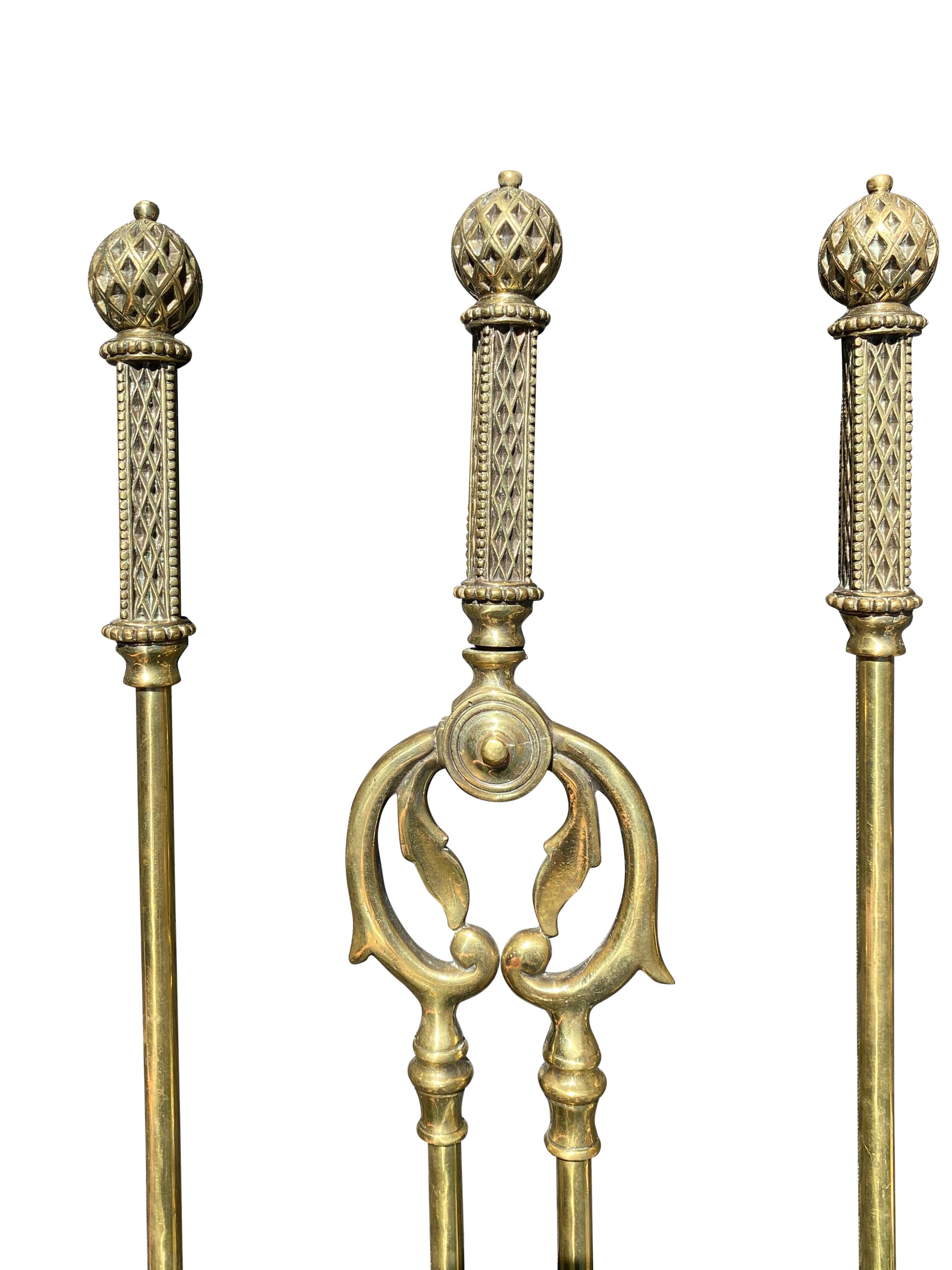 English Victorian Gothic Solid Brass Fire Companion Set, 19th Century For Sale