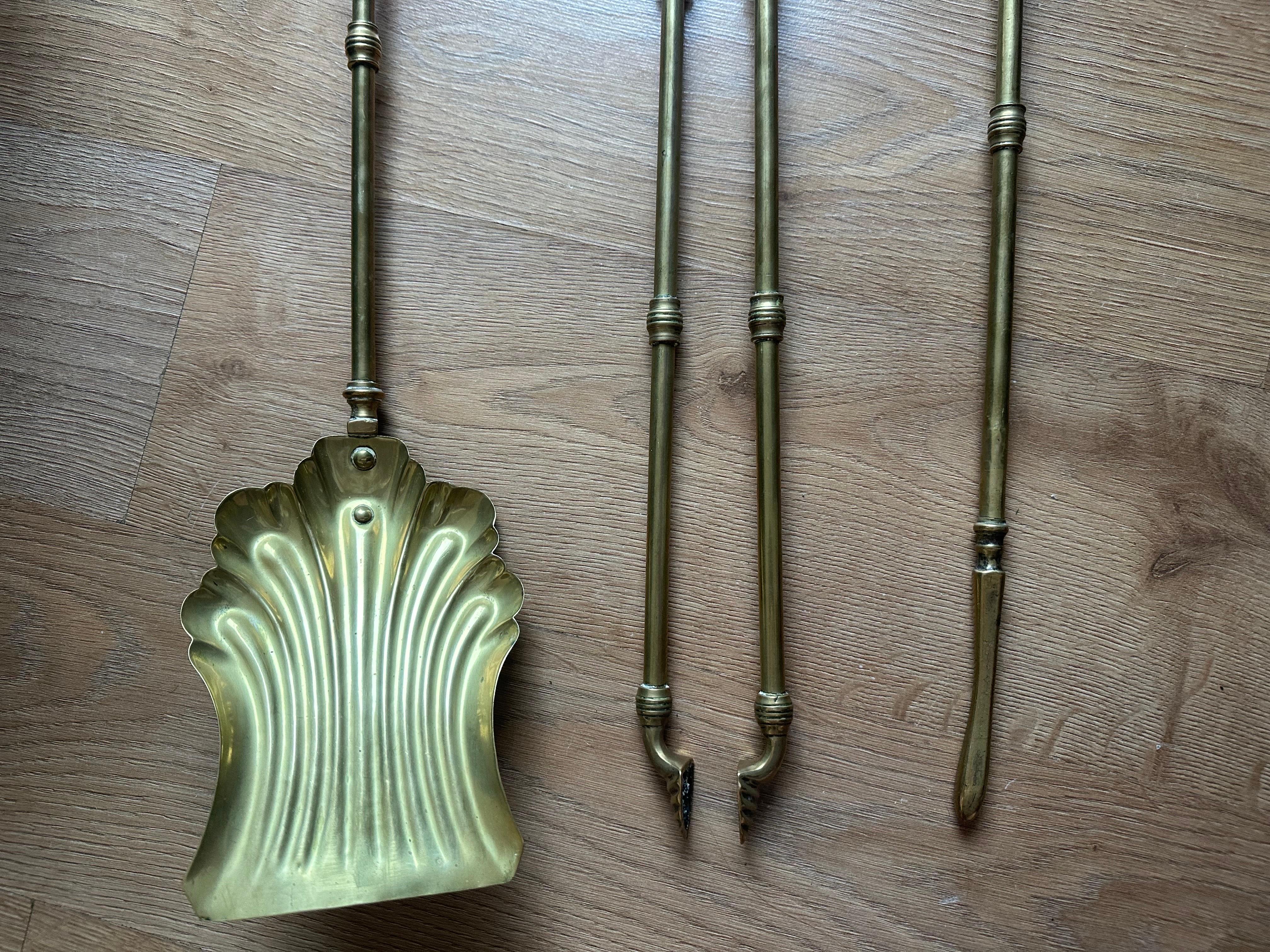 Victorian Gothic Solid Brass Fire Companion Set, Fireplace Tools, 19th Century For Sale 7