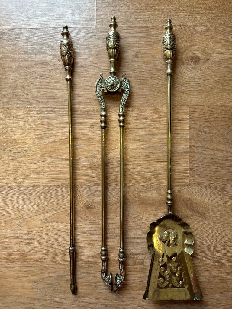 Victorian Gothic Solid Brass Fire Companion Set, Fireplace Tools, 19th