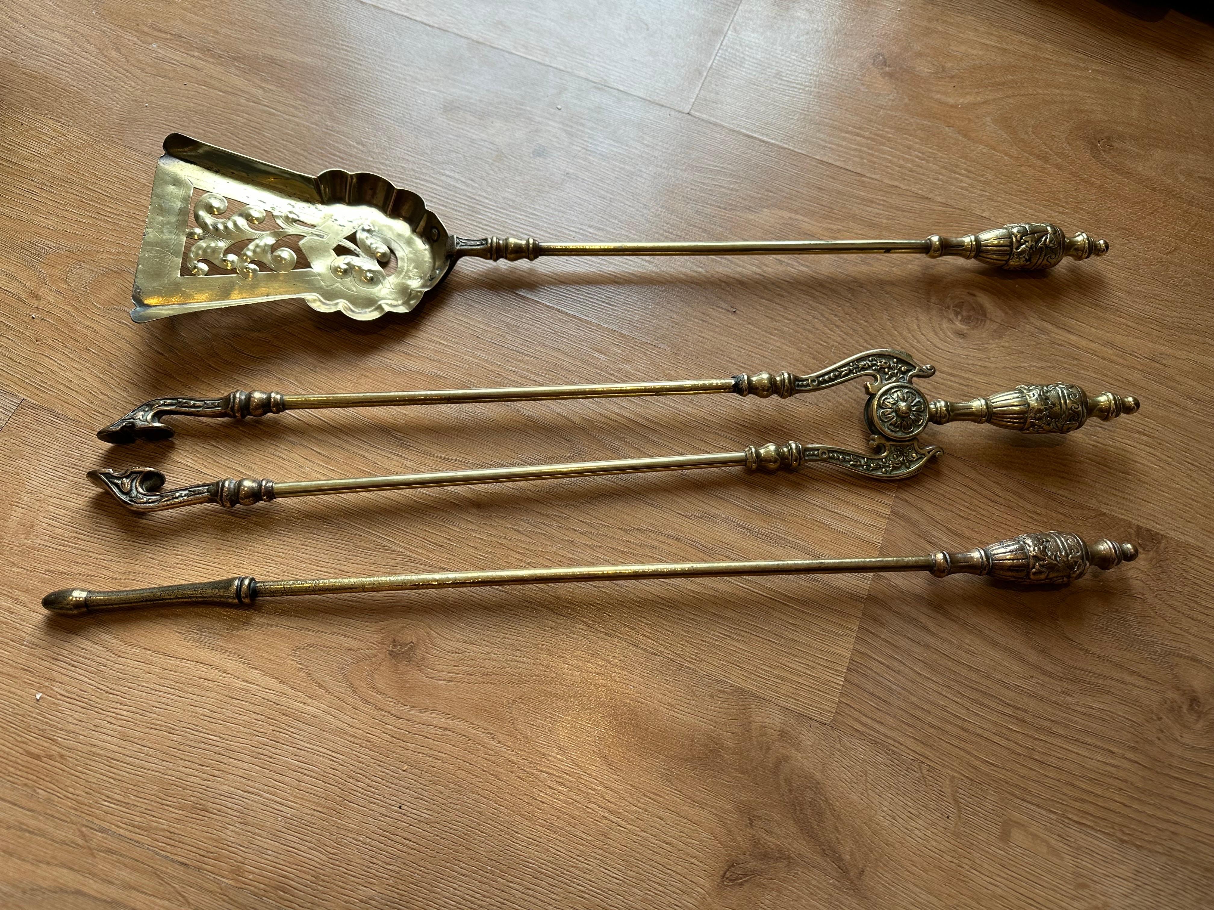 English Victorian Gothic Solid Brass Fire Companion Set, Fireplace Tools, 19th Century For Sale