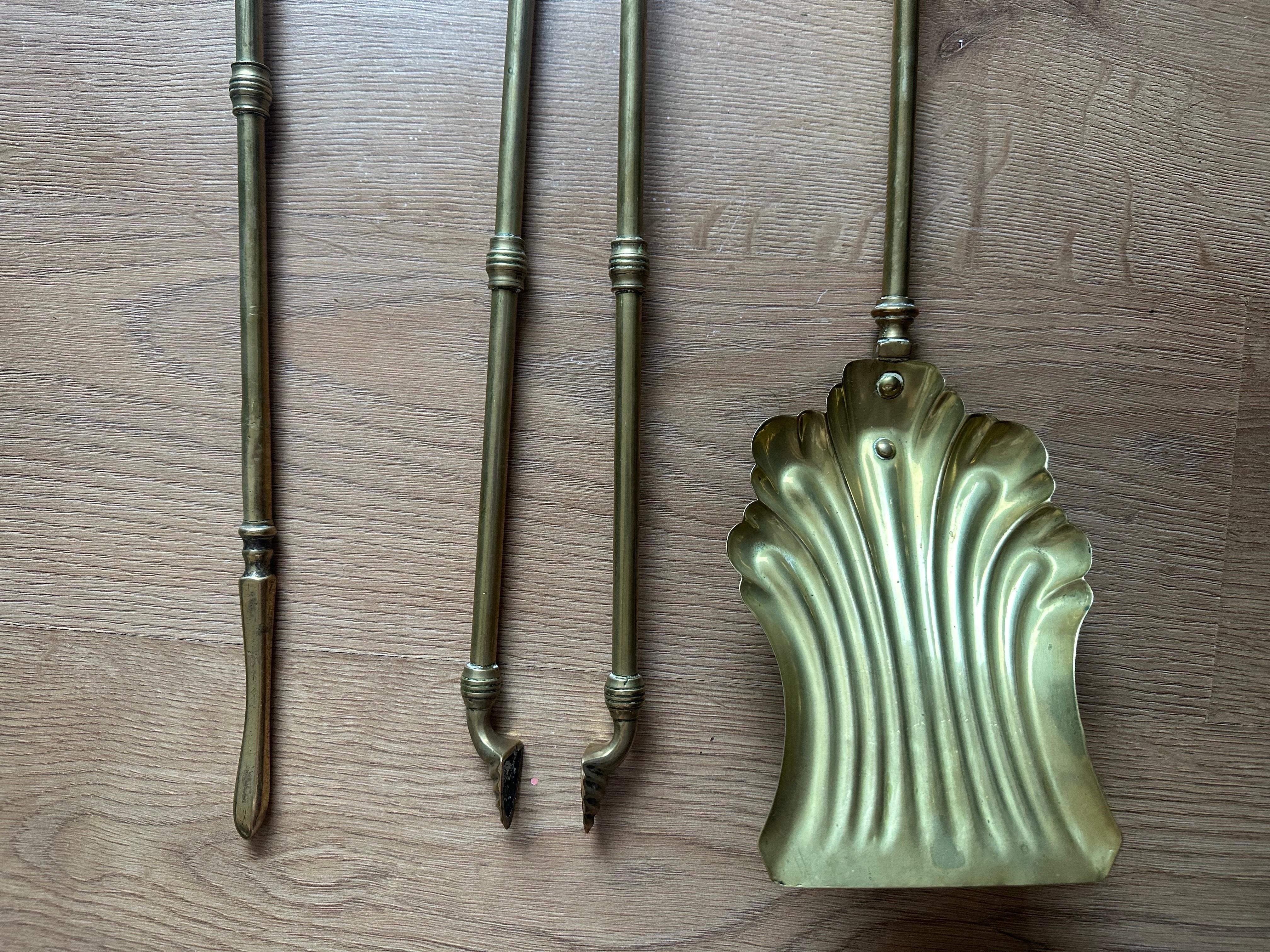 Victorian Gothic Solid Brass Fire Companion Set, Fireplace Tools, 19th Century For Sale 1