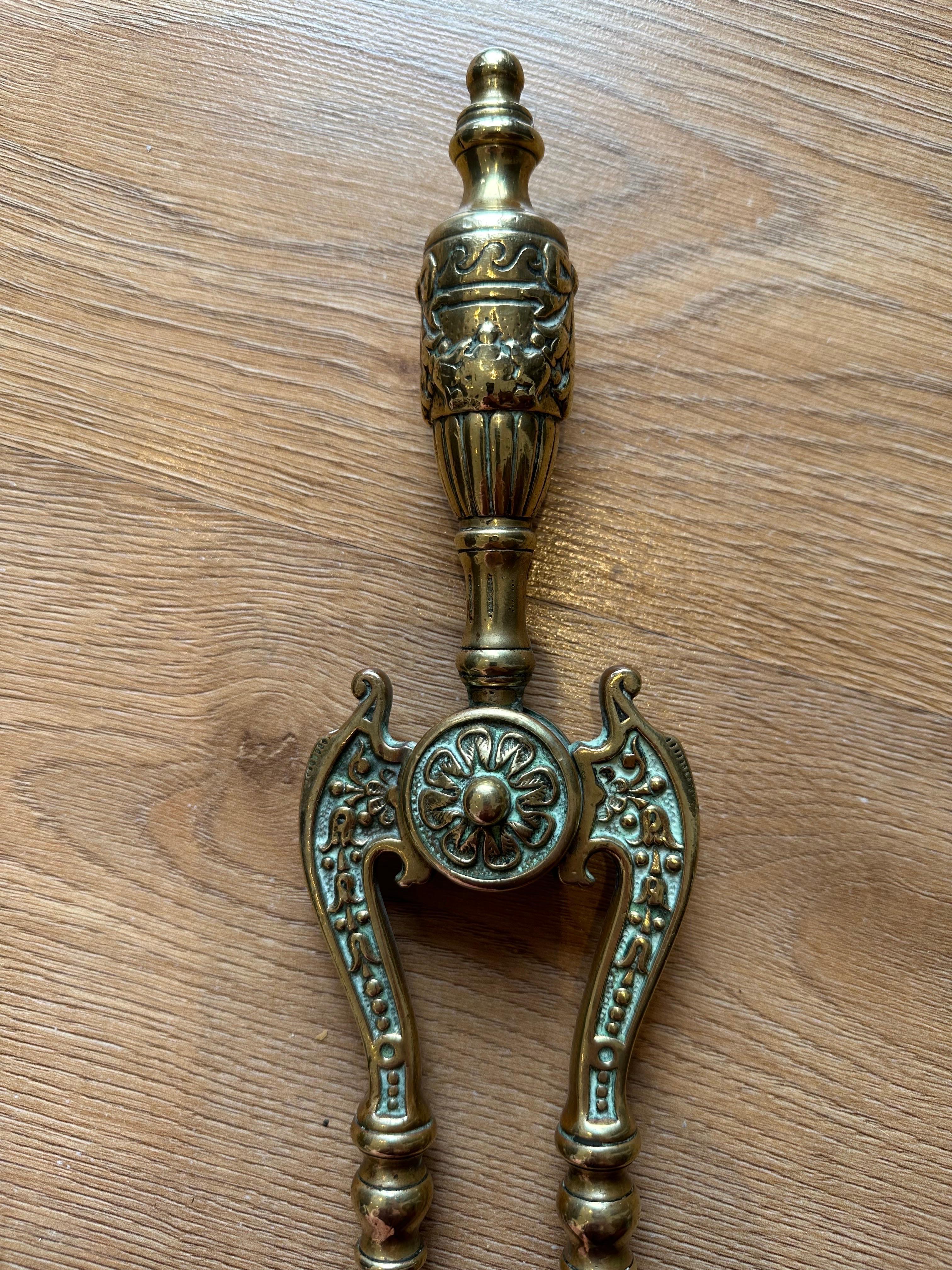 Victorian Gothic Solid Brass Fire Companion Set, Fireplace Tools, 19th Century For Sale 3
