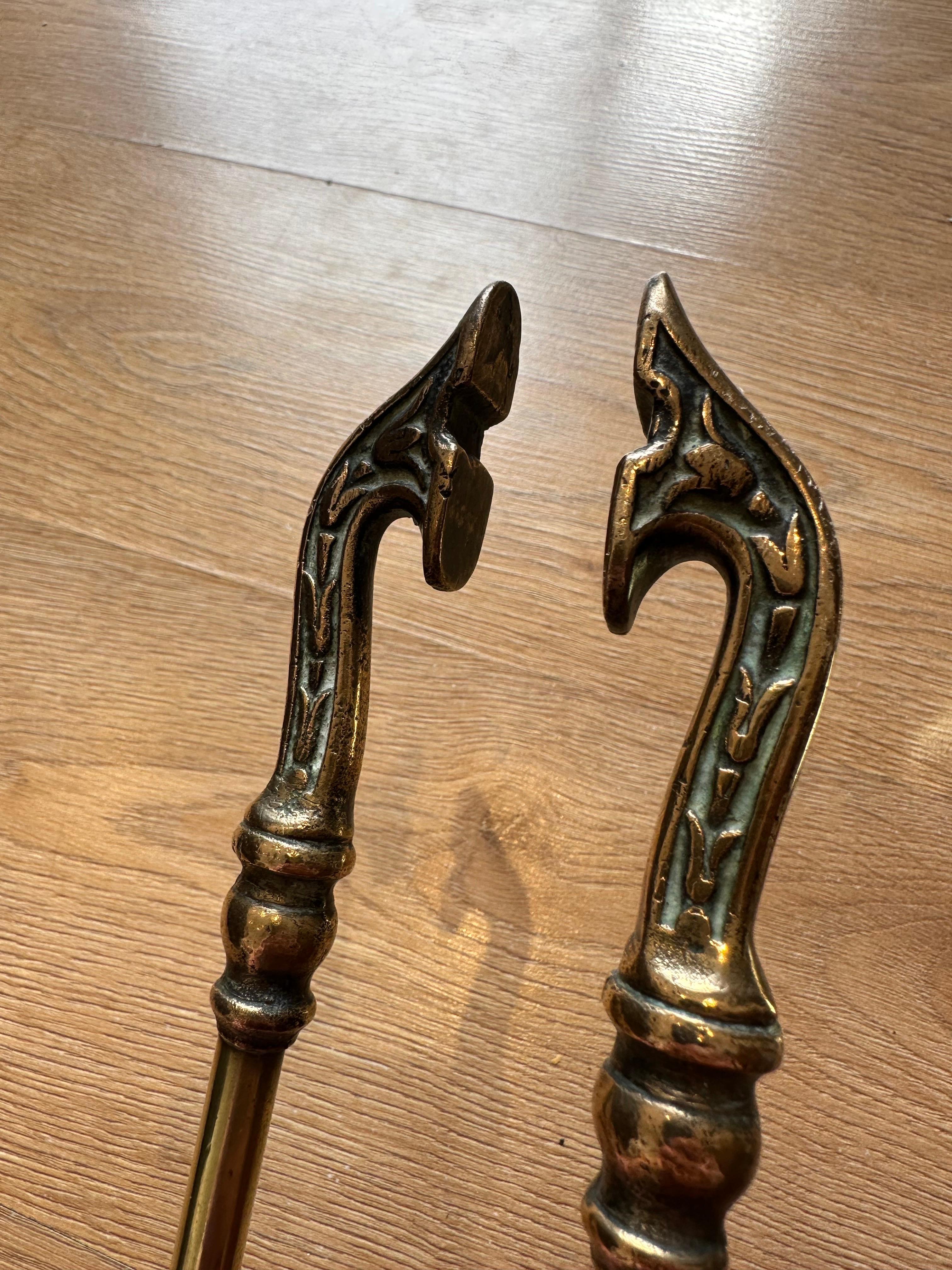 Victorian Gothic Solid Brass Fire Companion Set, Fireplace Tools, 19th Century For Sale 4