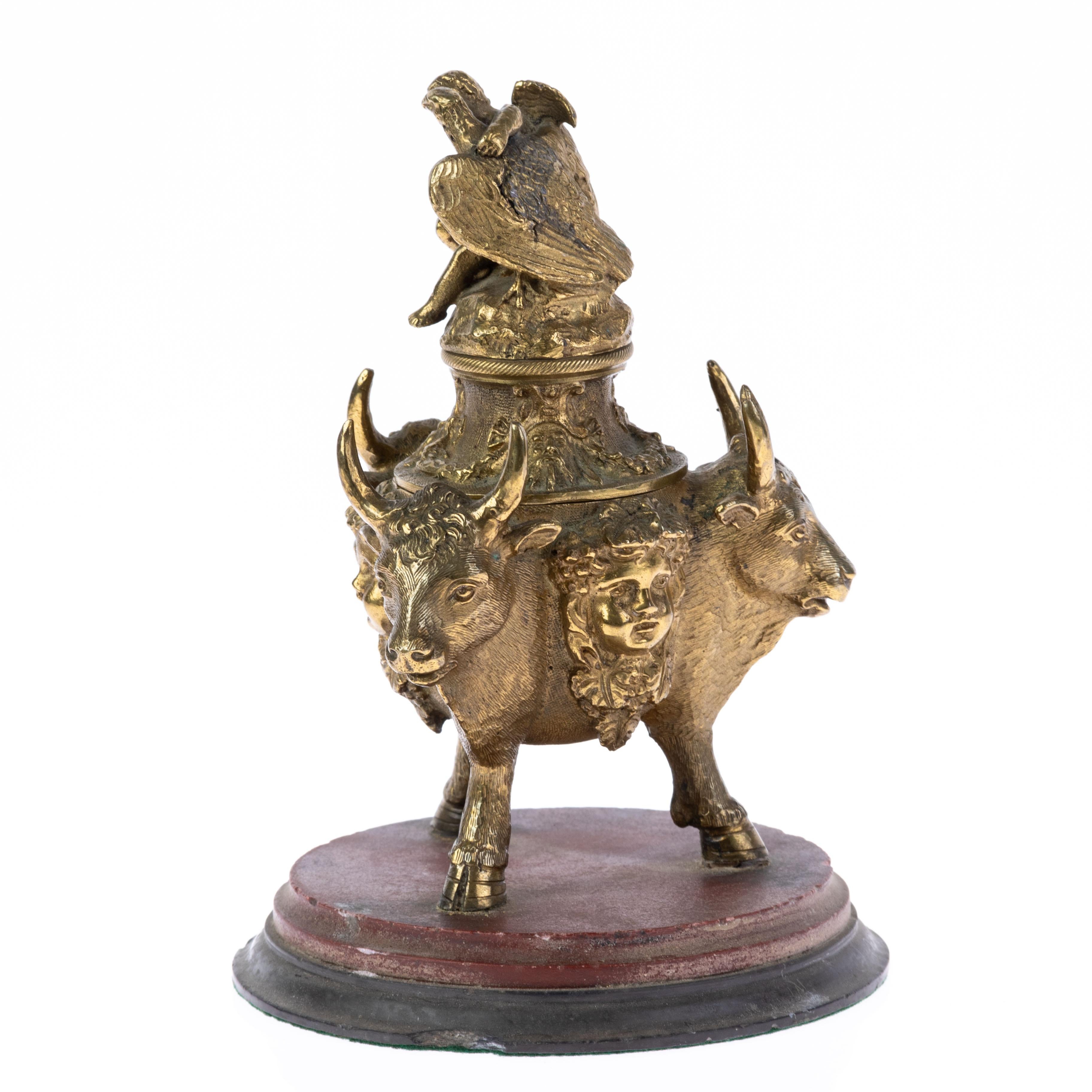 Victorian Grand Tour Bronze Bovine & Bacchus Inkwell 19th Century For Sale 1
