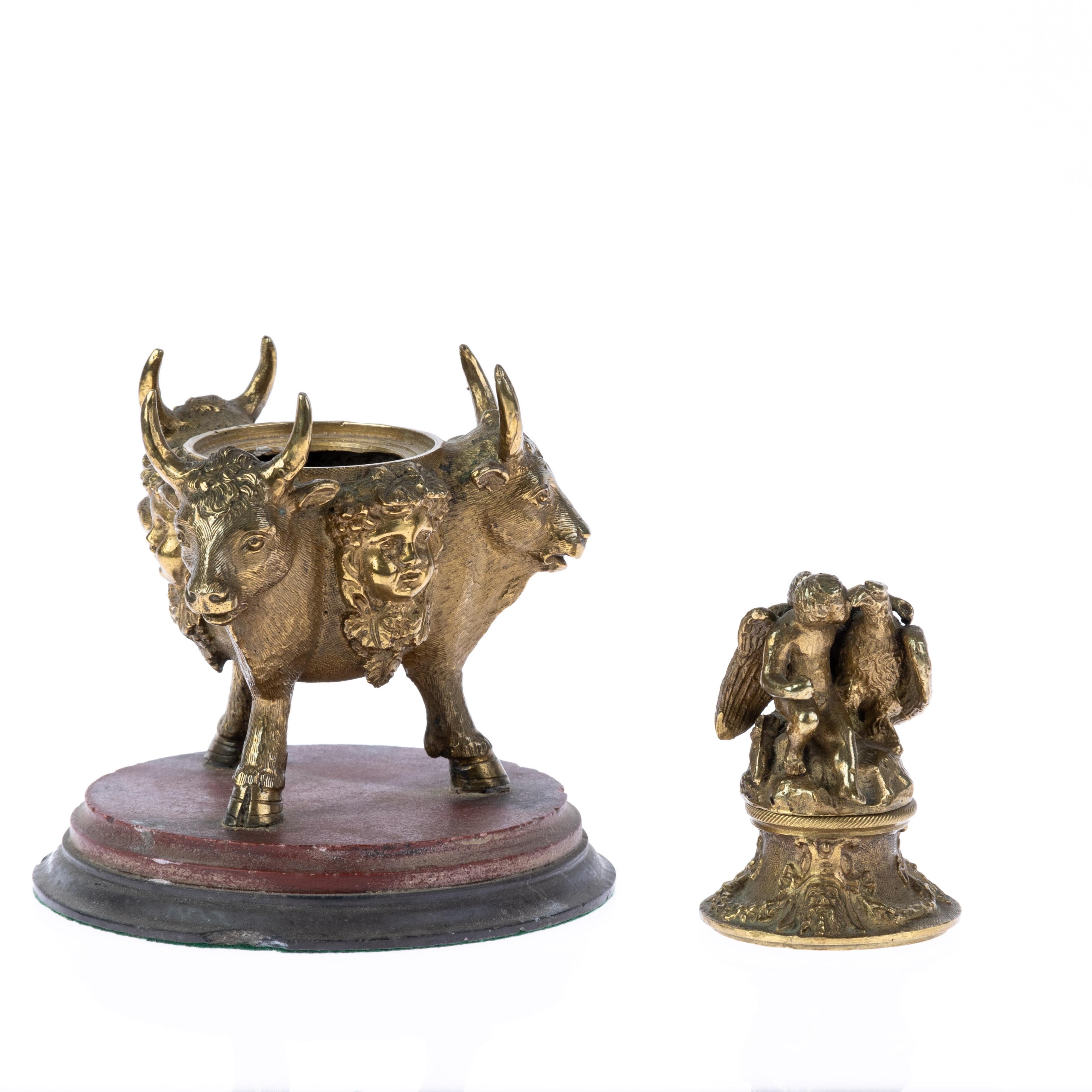 Victorian Grand Tour Bronze Bovine & Bacchus Inkwell 19th Century For Sale 2