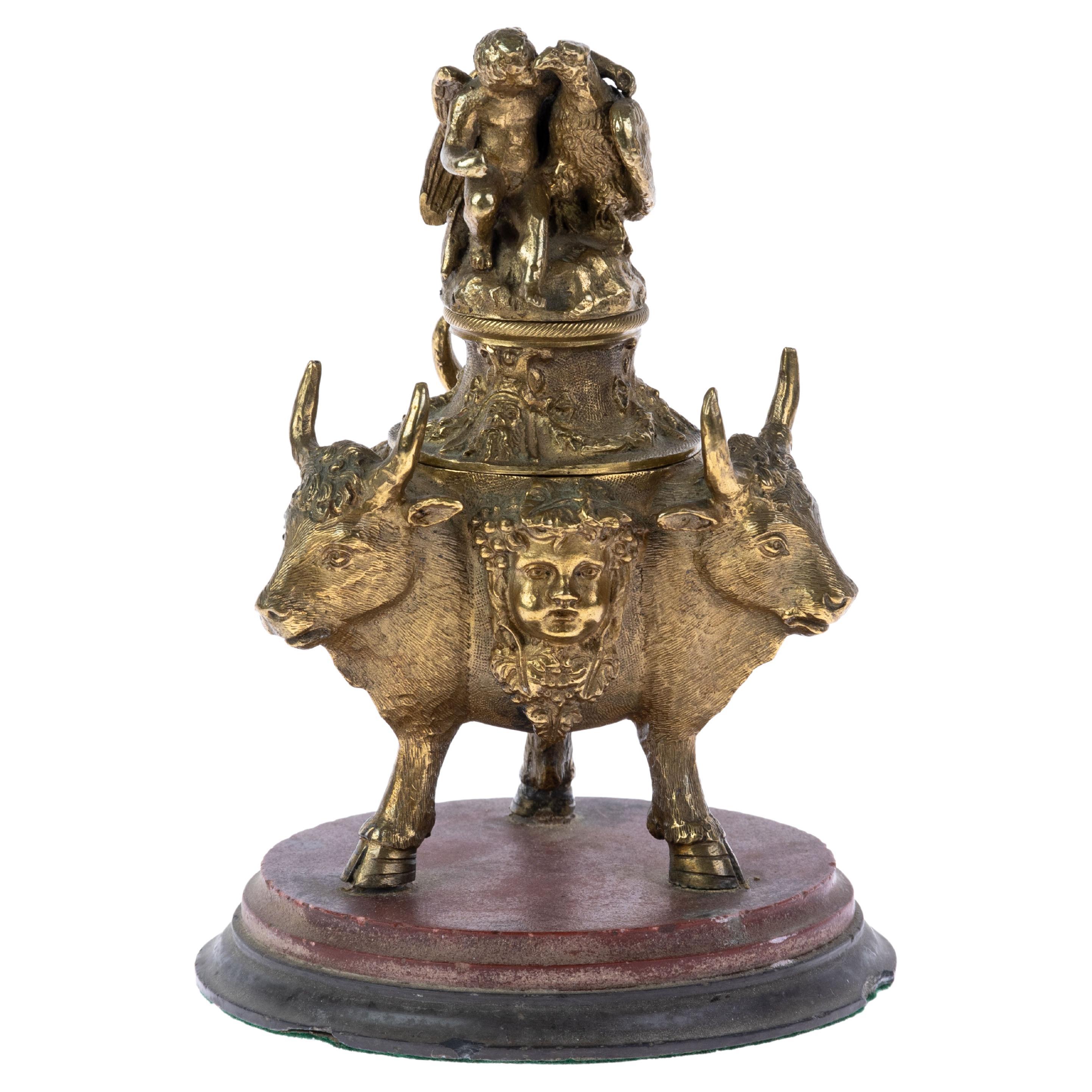Victorian Grand Tour Bronze Bovine & Bacchus Inkwell 19th Century