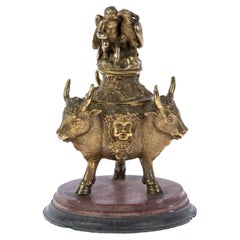 Victorian Grand Tour Bronze Bovine & Bacchus Inkwell 19th Century