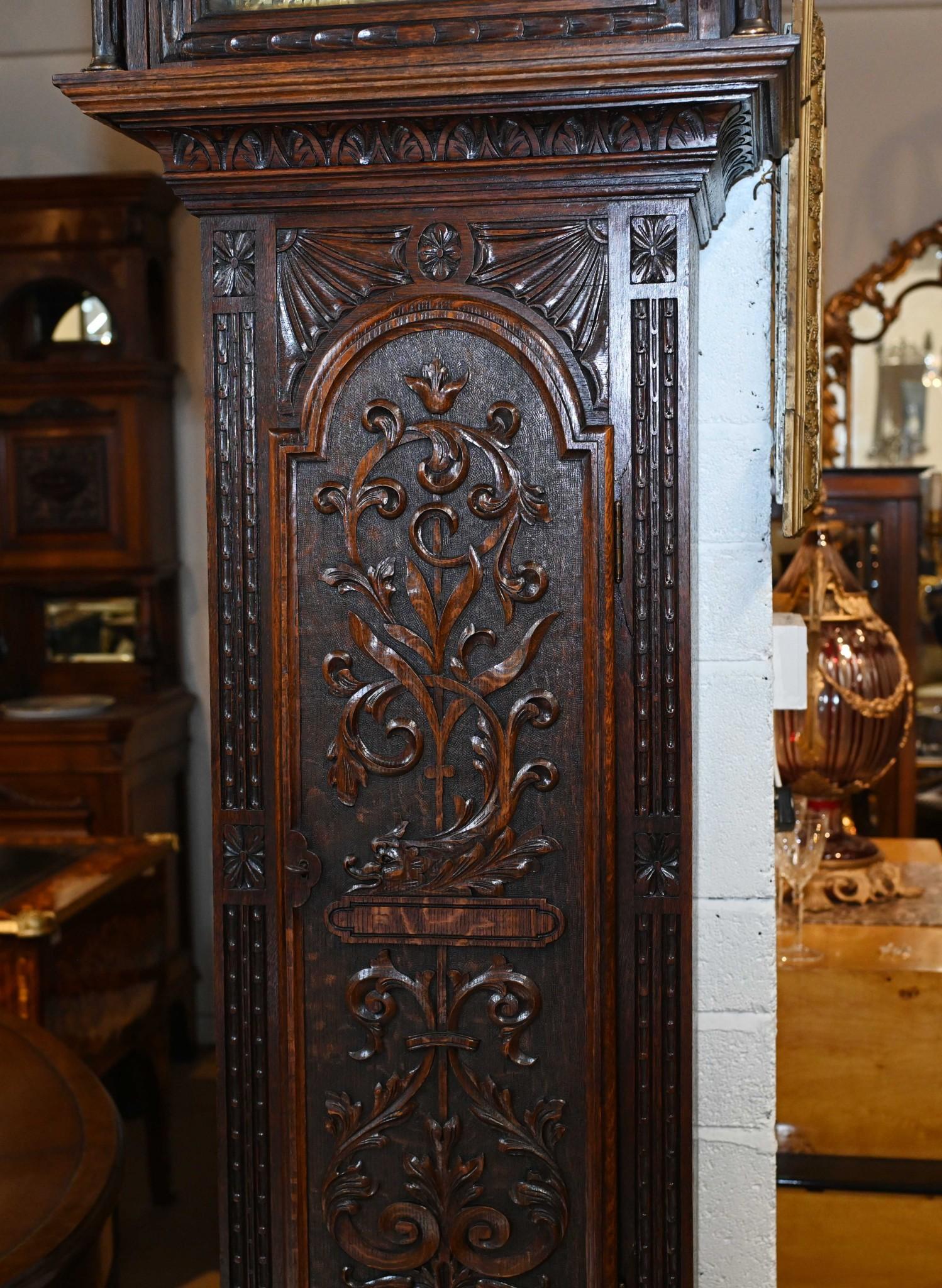 Victorian Grandfather Clock 1880 Carved Oak Longcase Whittington 4