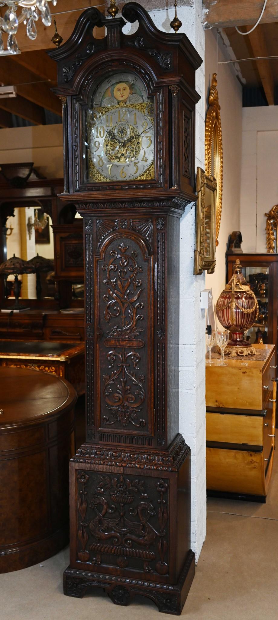 Victorian Grandfather Clock 1880 Carved Oak Longcase Whittington 5