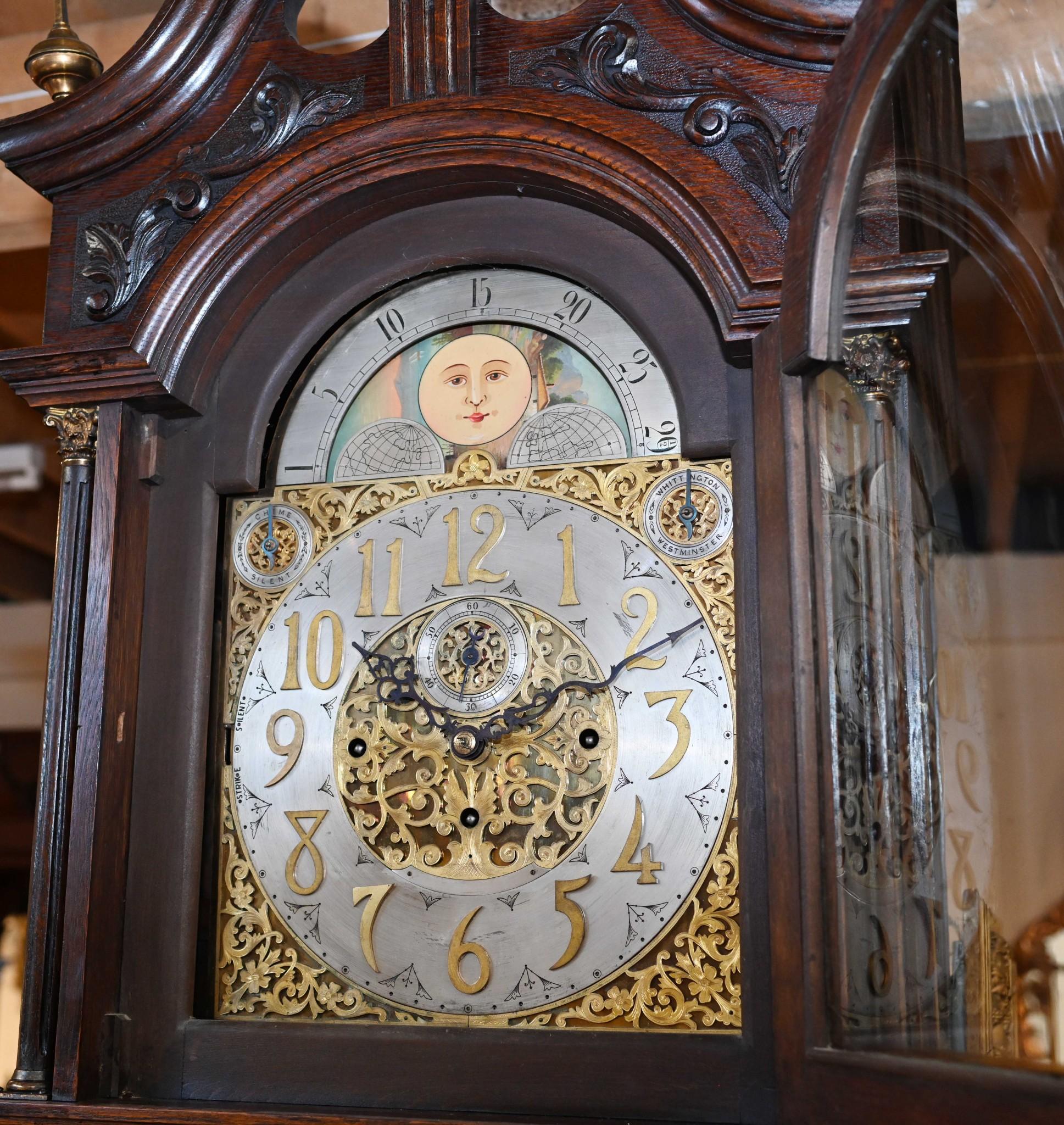You are viewing an impressive Victorian long case clock in oak
Just look at all the intricately carved details, a real feat of craftsmanship
Features both Whittington and Westminster chimes
Carved details almost Art Nouveau in style with floral