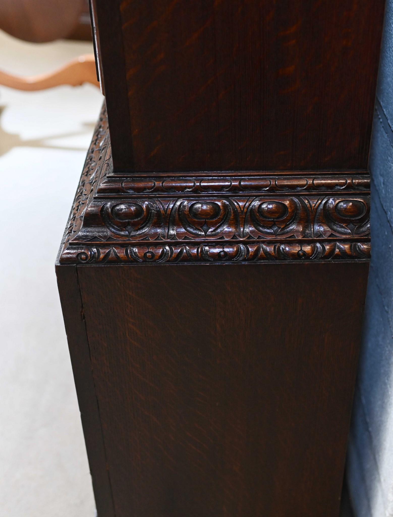 Victorian Grandfather Clock 1880 Carved Oak Longcase Whittington In Good Condition In Potters Bar, GB