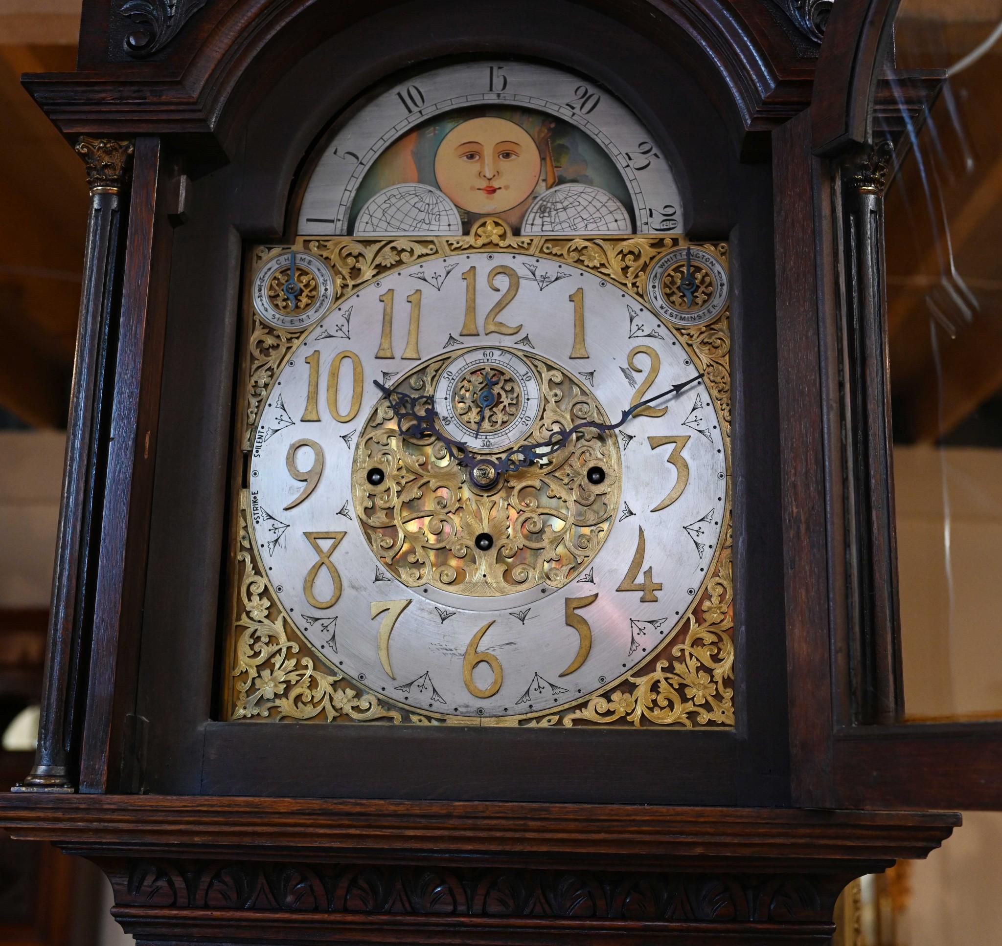 Victorian Grandfather Clock 1880 Carved Oak Longcase Whittington 2
