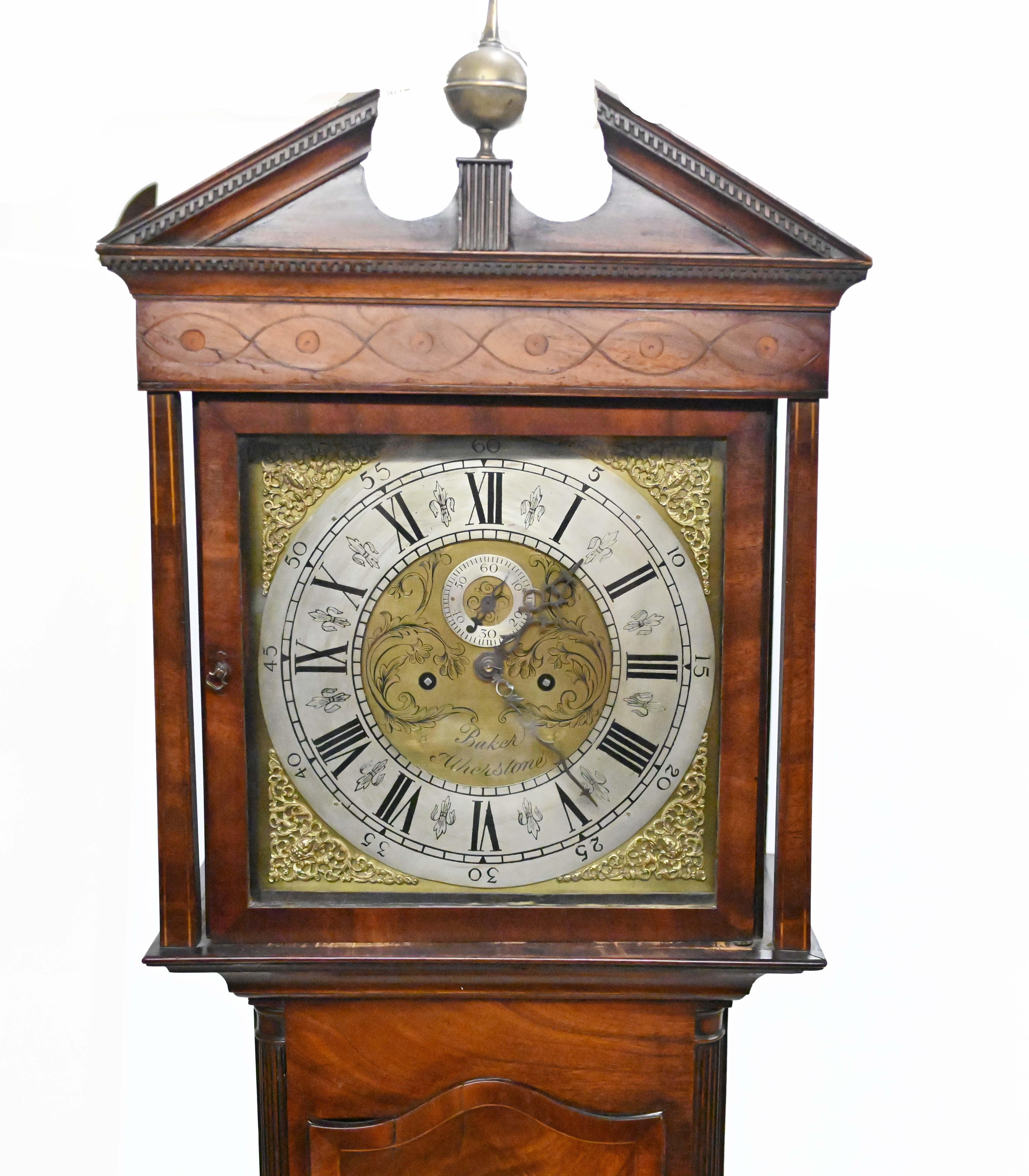 Refined Victorian grandfather clock in mahogany
Brass clock face is inscribed Baker Atherstone who would have been the original makers
In full working order with an arched pediment top
Circva 1840 on this grand time piece
Offered in great condition