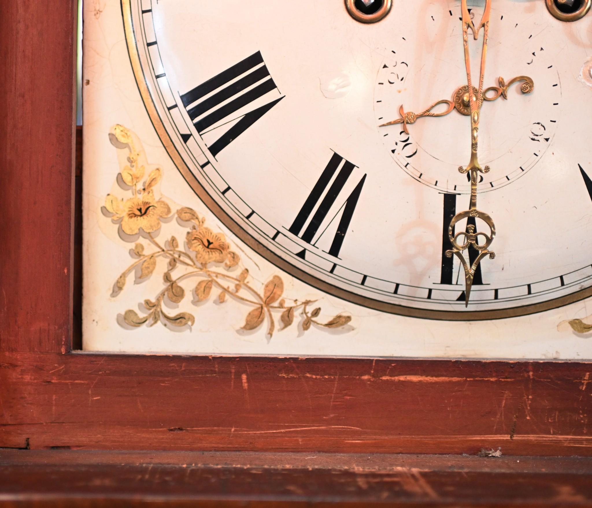 You are viewing a fully working Victorian longcase clock with a mahogany body
Great patina to the flame mahogany
Bought from a private house in London's Belgravia
Painted dial shows a Victorian lady with a basket of fruit and flowers at the