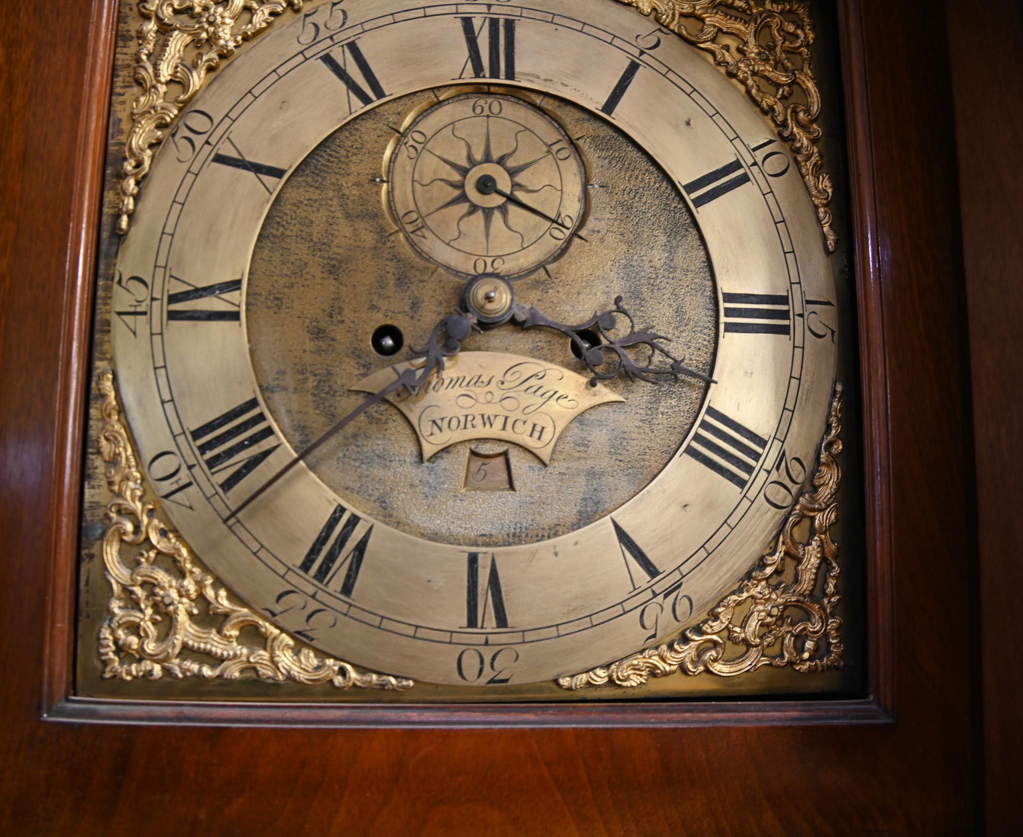 A finely carved oak cased grandfather clock by Thomas Page of Norwich
Art nouveau style brass movement has an 8 day duration with a bell which strikes on the hour
in full working order
Circa 1880
Bought from a private house sale in London's Belsize