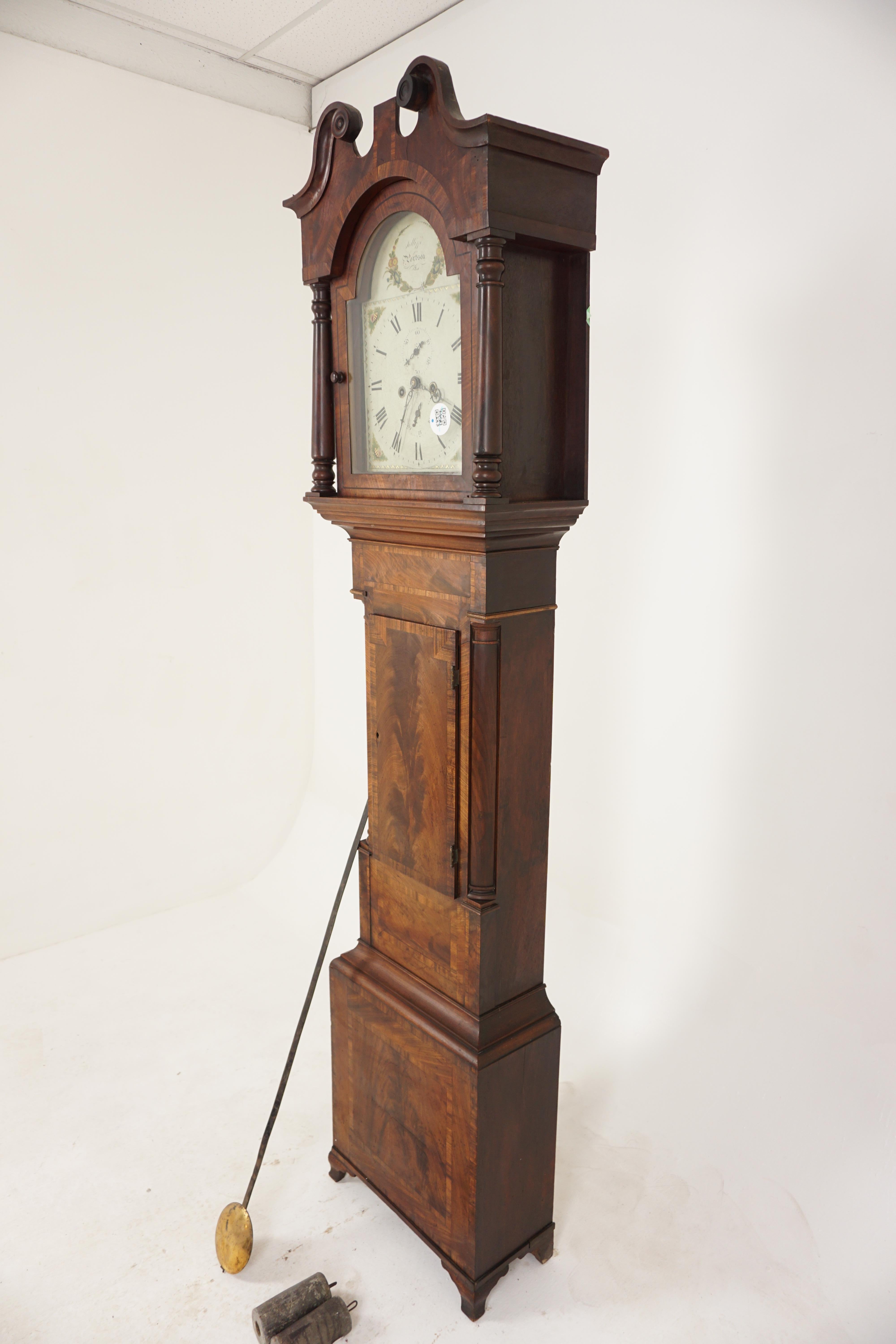 Antique Victorian Grandfather Long Case Clock by Jolliffe of Portsea, England 1870, H061

England 1870
Solid Walnut
Original Finish
Swan neck pediment attractive decorative arch painted dial with a date and second dial
The arch with a floral wreath