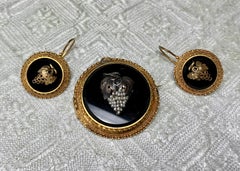 Victorian Grape Earrings Pendant Suite 14k Gold Black Onyx Etruscan Revival 1870