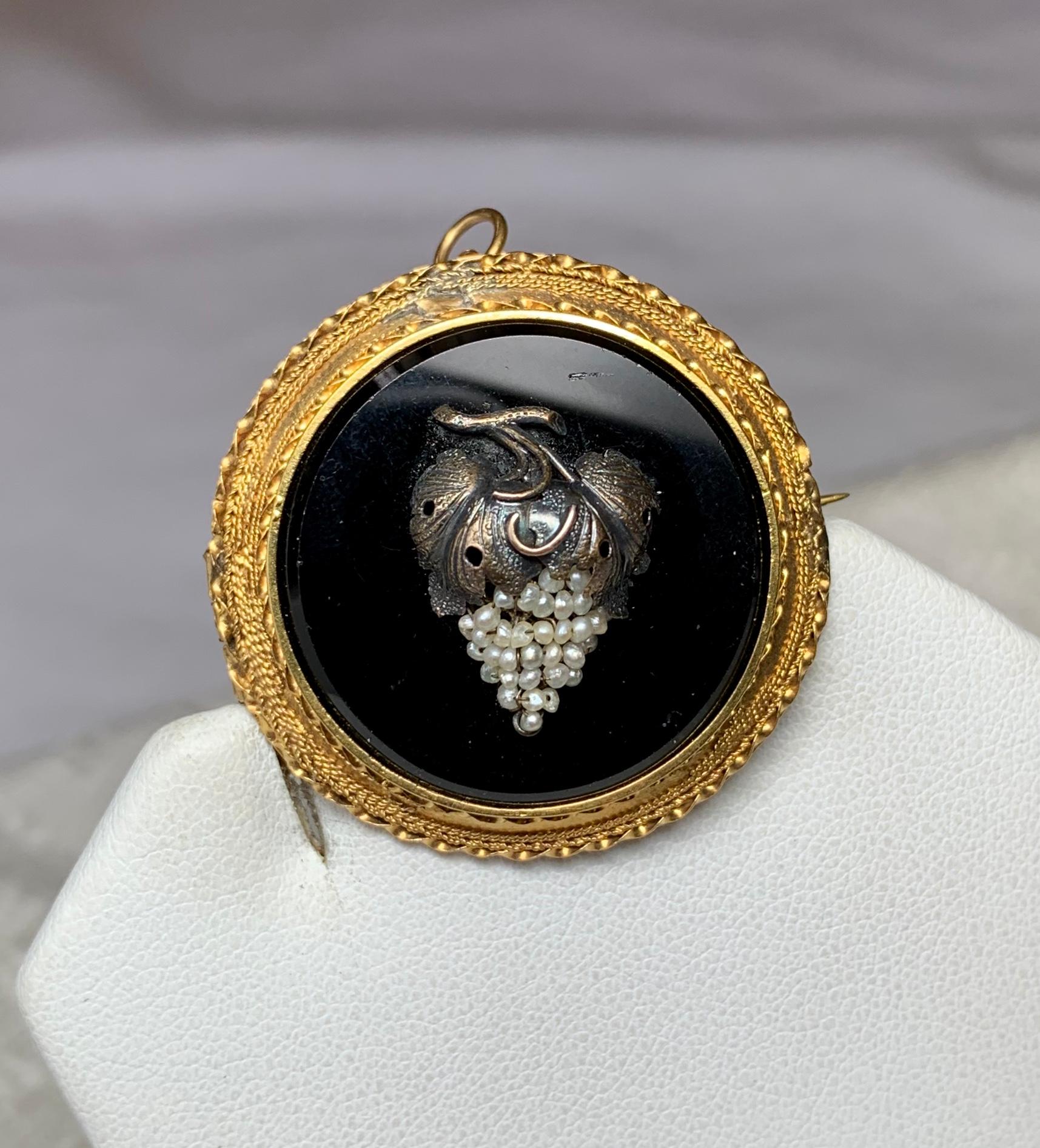 Victorian Grape Earrings Pendant Suite 14k Gold Black Onyx Etruscan Revival 1870 For Sale 2