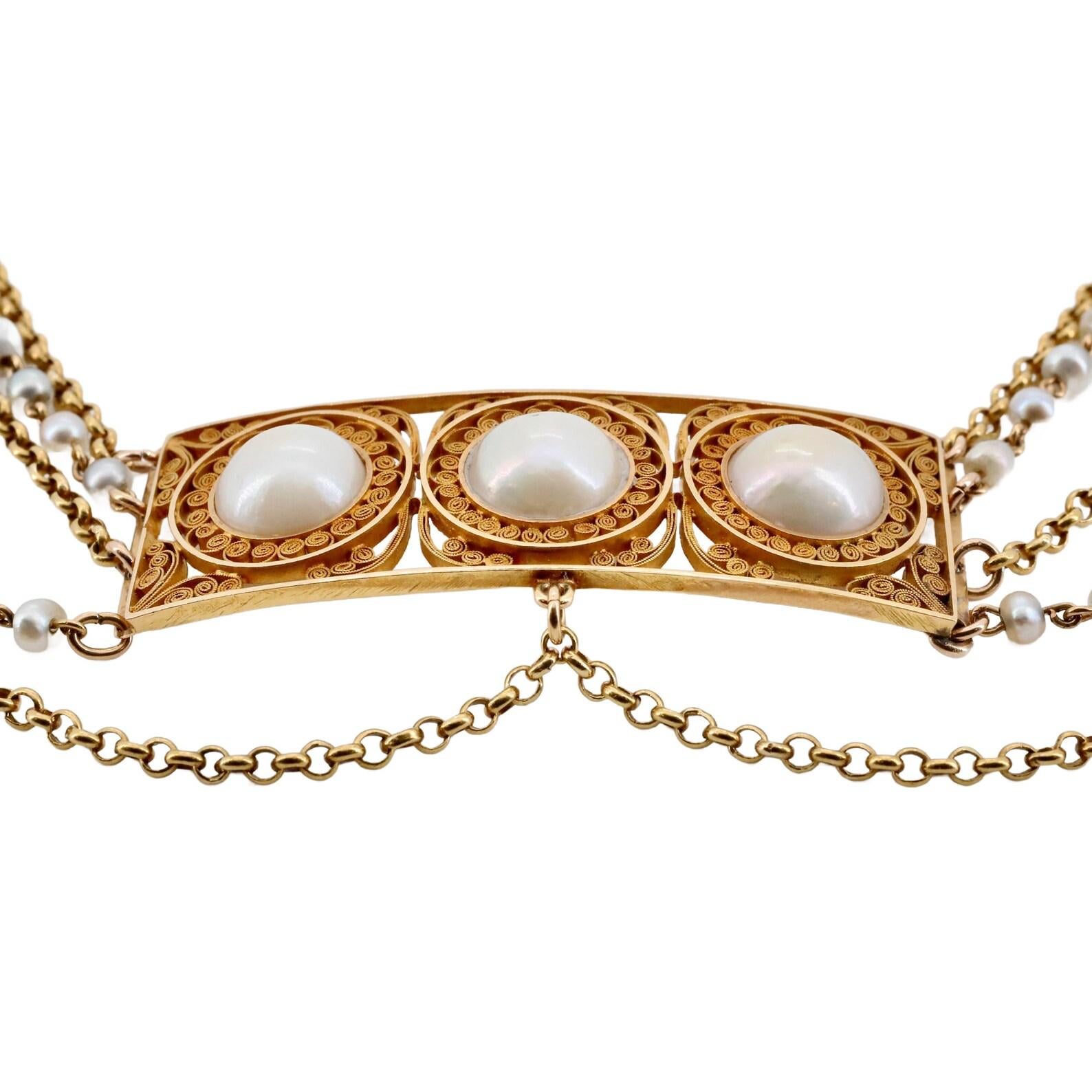 Victorian Greek Revival Natural Pearl Filigree Necklace in 18K Yellow Gold  In Good Condition For Sale In Boston, MA
