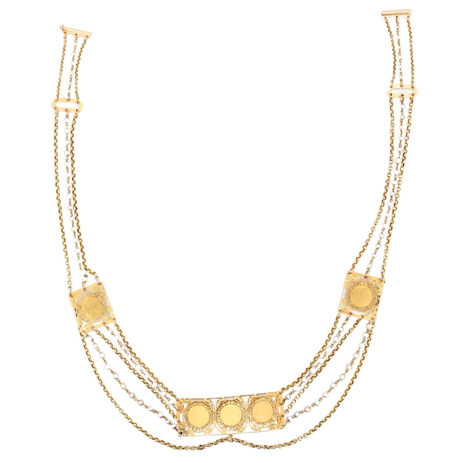 Victorian Greek Revival Natural Pearl Filigree Necklace in 18K Yellow Gold  For Sale 1