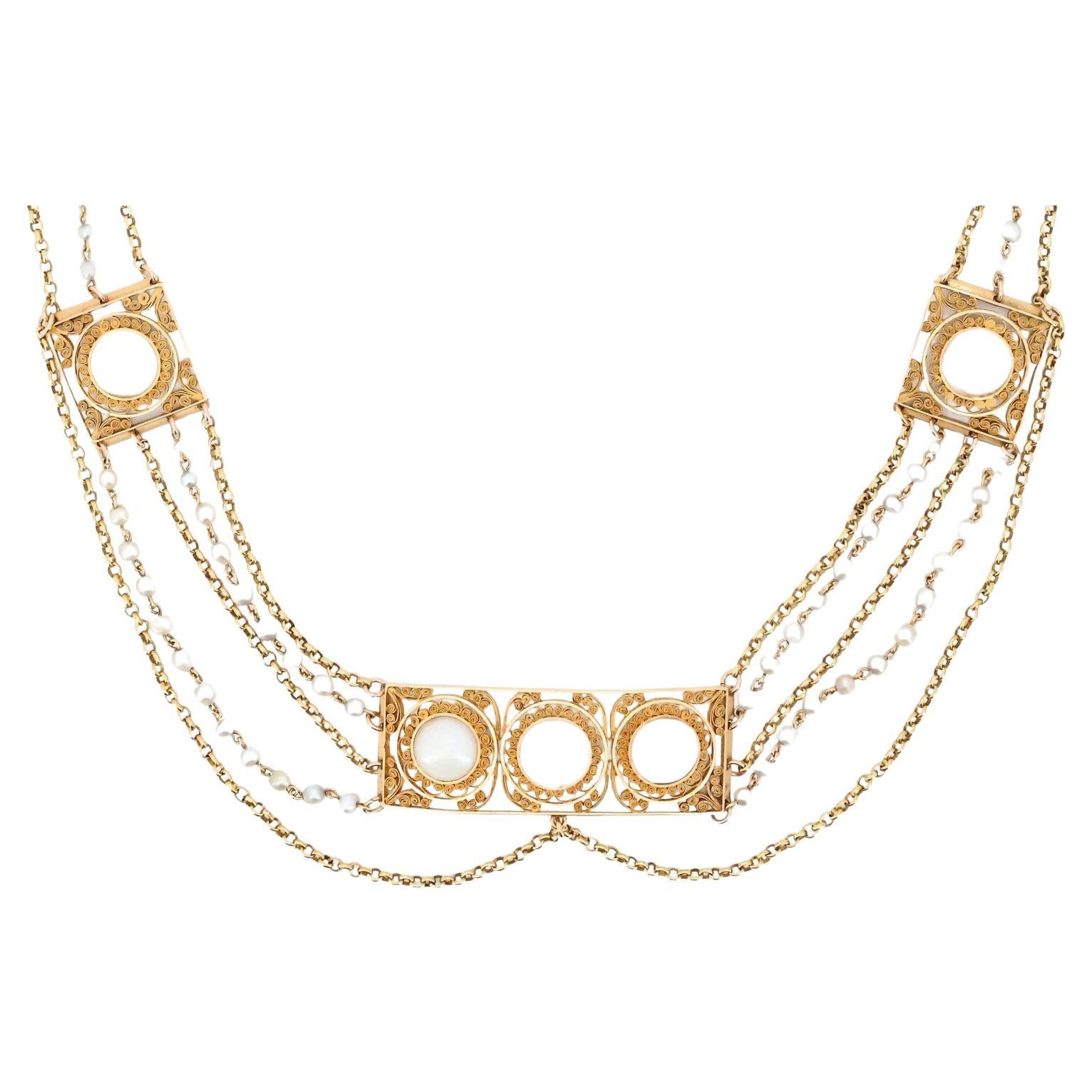 Victorian Greek Revival Natural Pearl Filigree Necklace in 18K Yellow Gold 