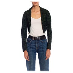 Victorian Green 
Black Cotton Blend Damask Herringbone Pattern Crop Jacket