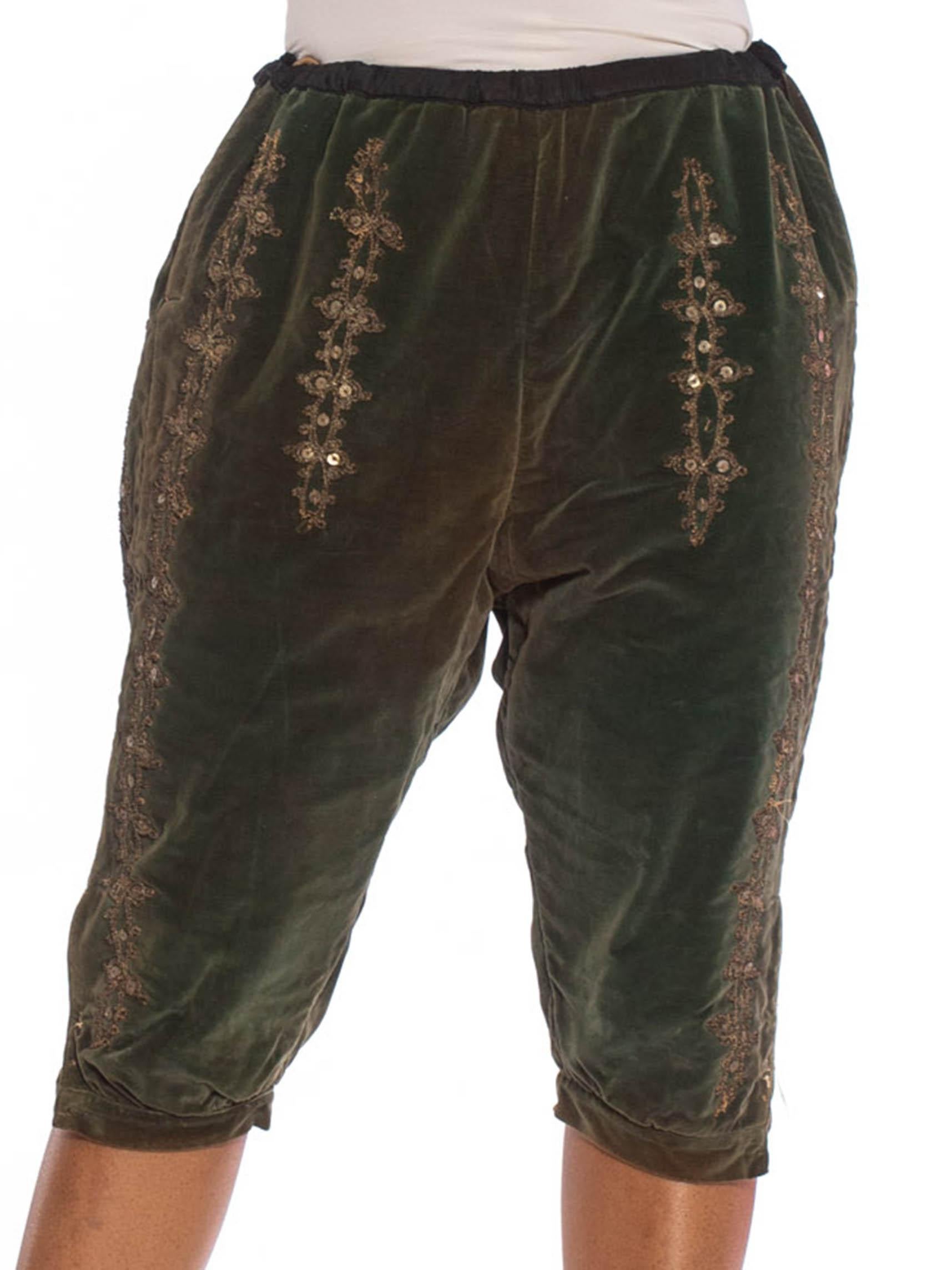 Victorian Green Cotton Velvet Rare Men's Antique Theatrical Pants With Metallic Silver Embroidery