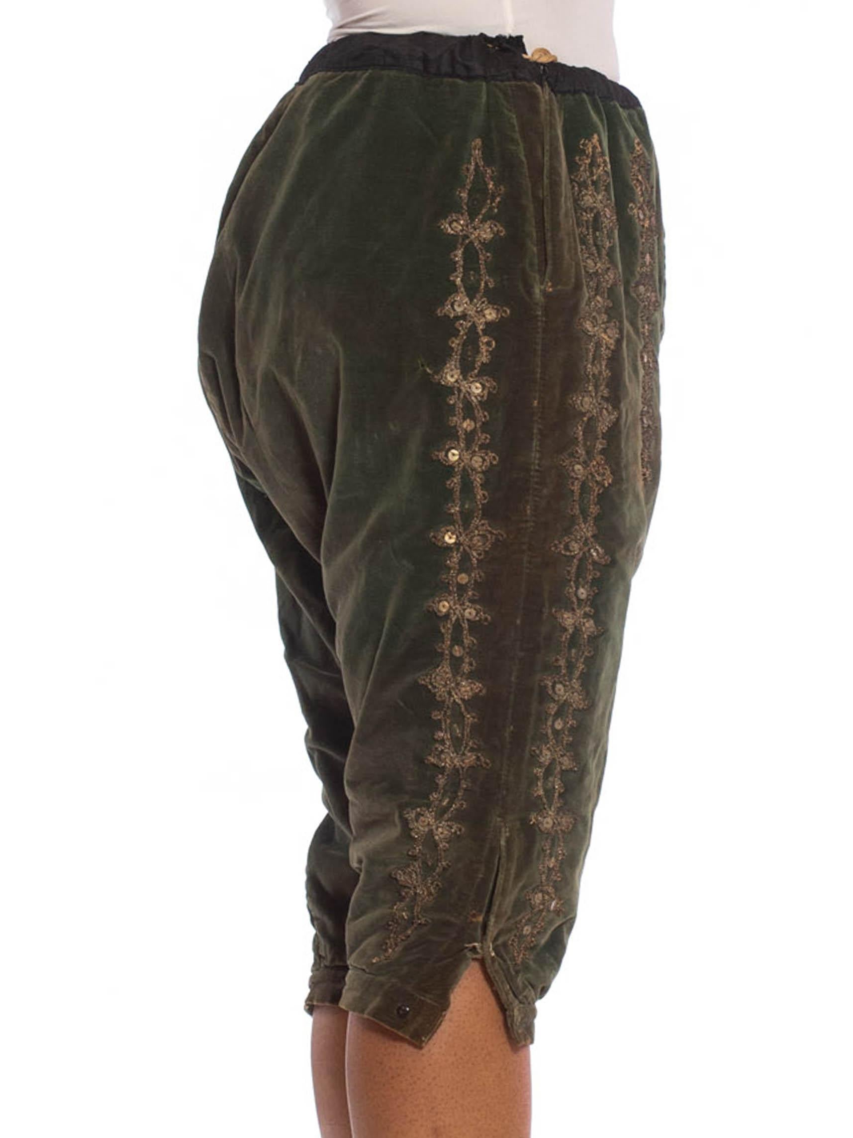 Black Victorian Green Cotton Velvet Rare Men's Antique Theatrical Pants With Metallic For Sale