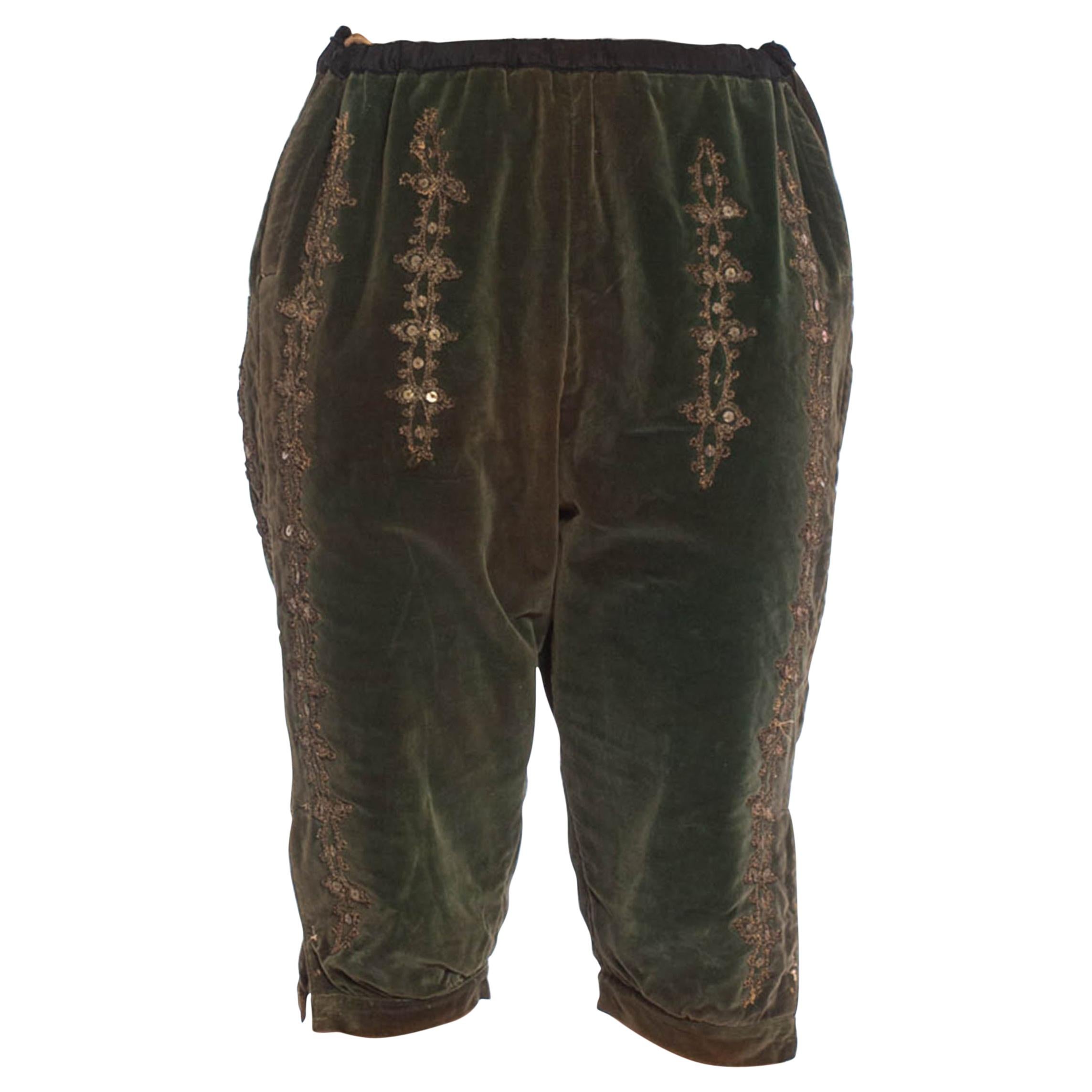 Victorian Green Cotton Velvet Rare Men's Antique Theatrical Pants With Metallic For Sale