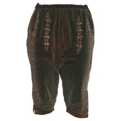 Rare pantalon de théâtre victorien ancien en velours de coton vert pour homme avec métal