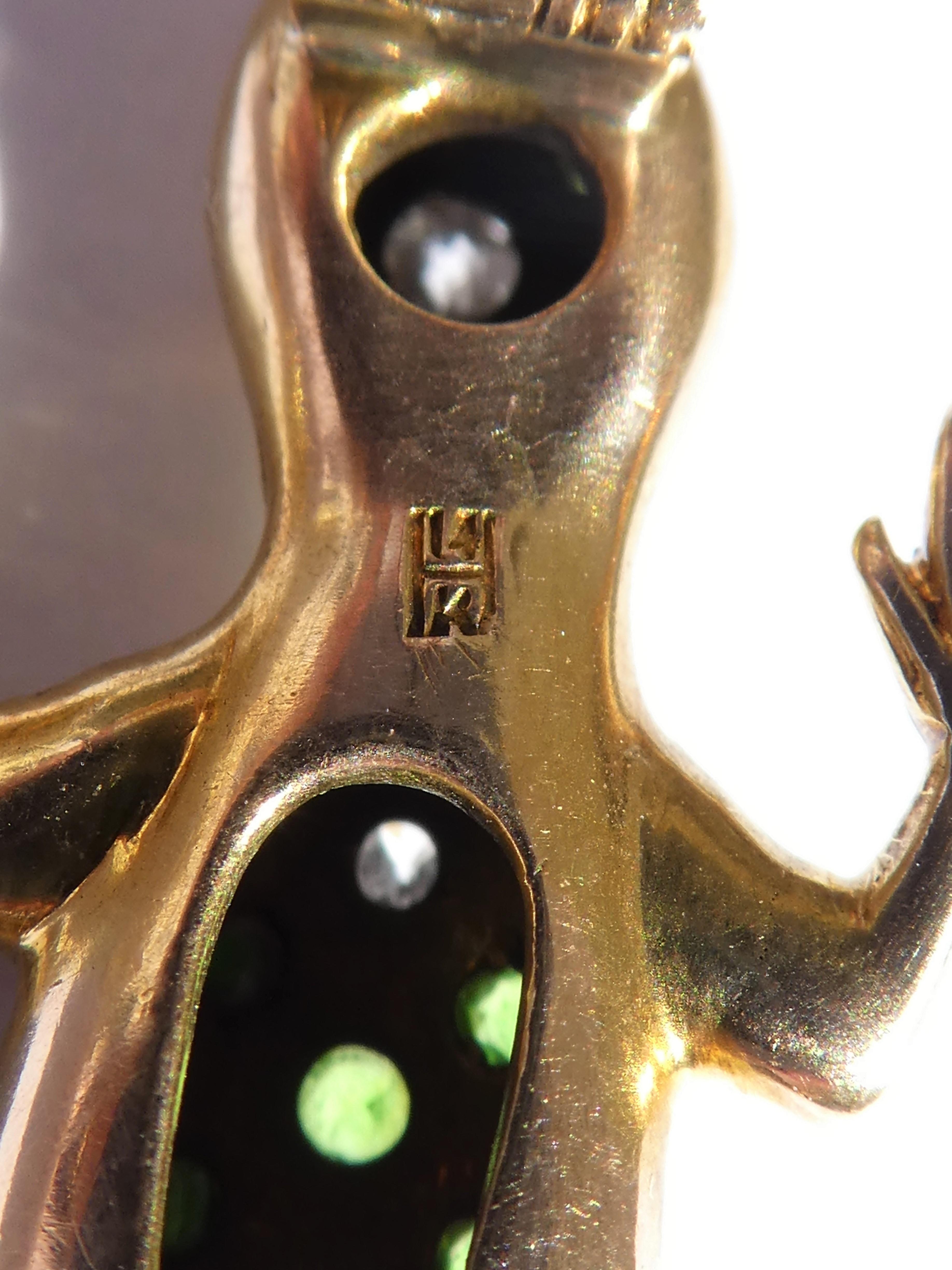 Victorian Green Demantoid Garnets Diamonds 14 Karat Gold Hedges Lizard Brooch im Zustand „Hervorragend“ im Angebot in Munich, DE