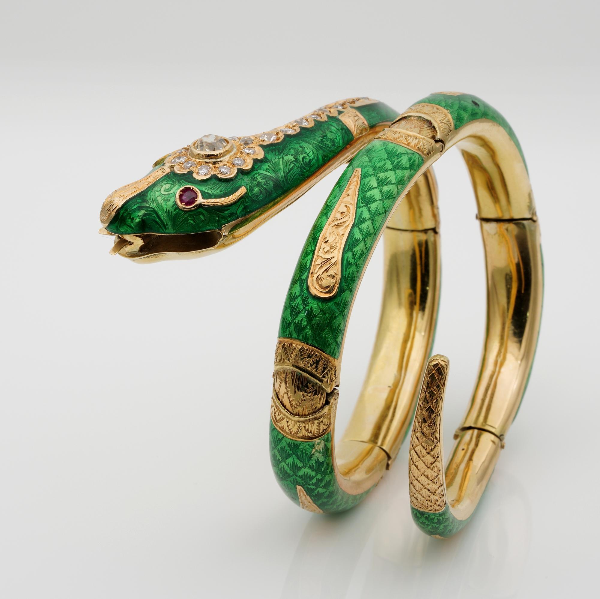 Women's Victorian Green Enamel Diamond Snake Bangle 18 KT For Sale
