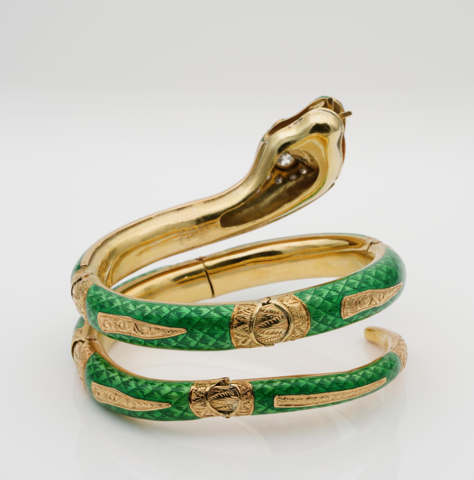 Victorian Green Enamel Diamond Snake Bangle 18 KT For Sale 2