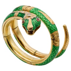 Victorian Green Enamel Diamond Snake Bangle 18 KT