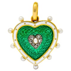 Victorian Green Enamel Pearl Diamond 18 Karat Gold Heart Pendant