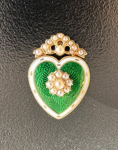 Victorian Green Enamel Pearl Heart Pendant Necklace Brooch Gold Love