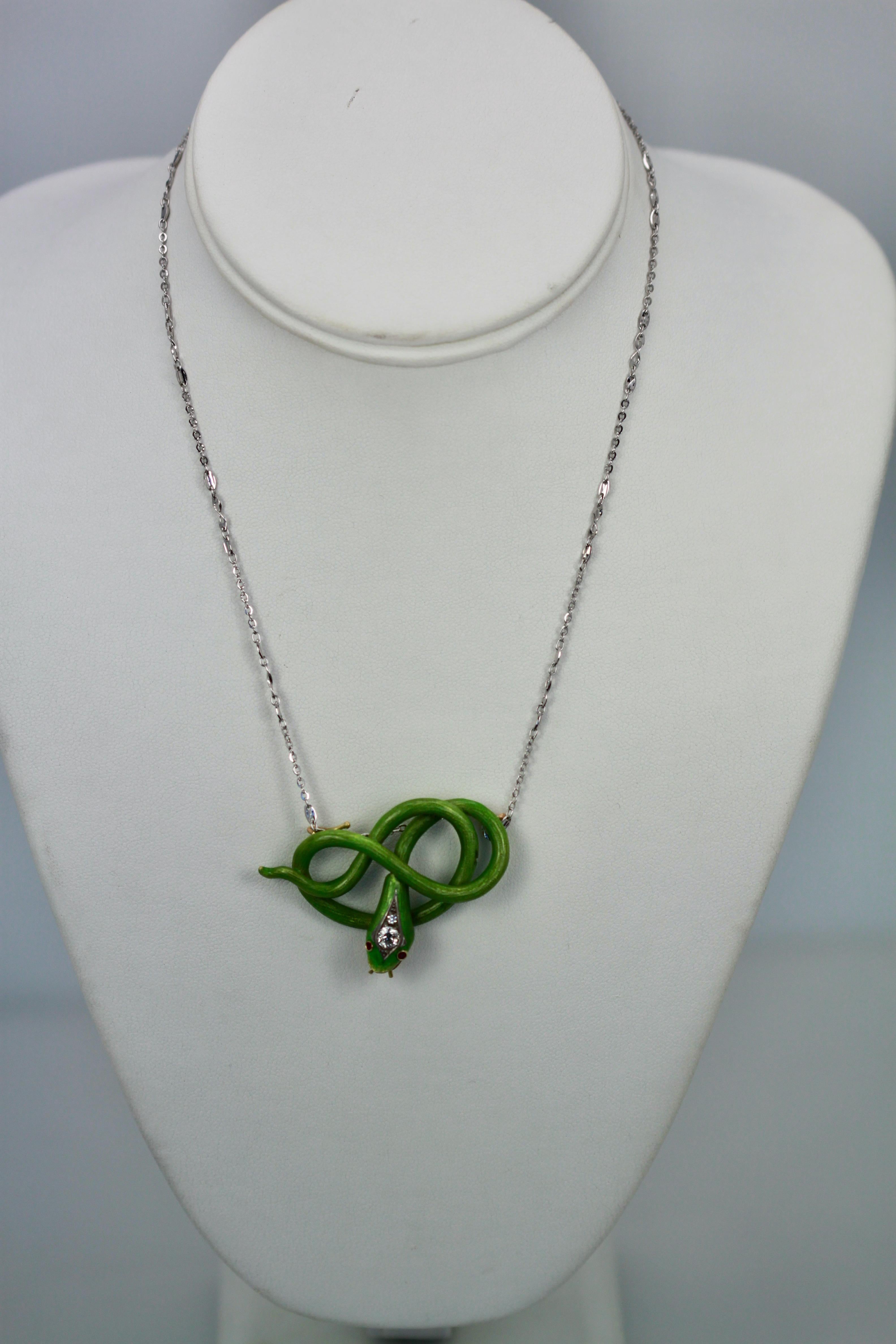 Round Cut Victorian Green Enamel Snake Pendant 18K For Sale