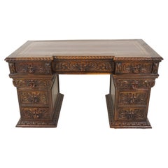 Victorian "Green Man" Carved Oak Pedestal Desk, Scotland 1880, B2837