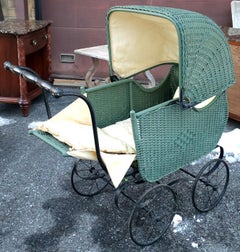 Victorian Green Painted Wicker and Iron Baby Stroller