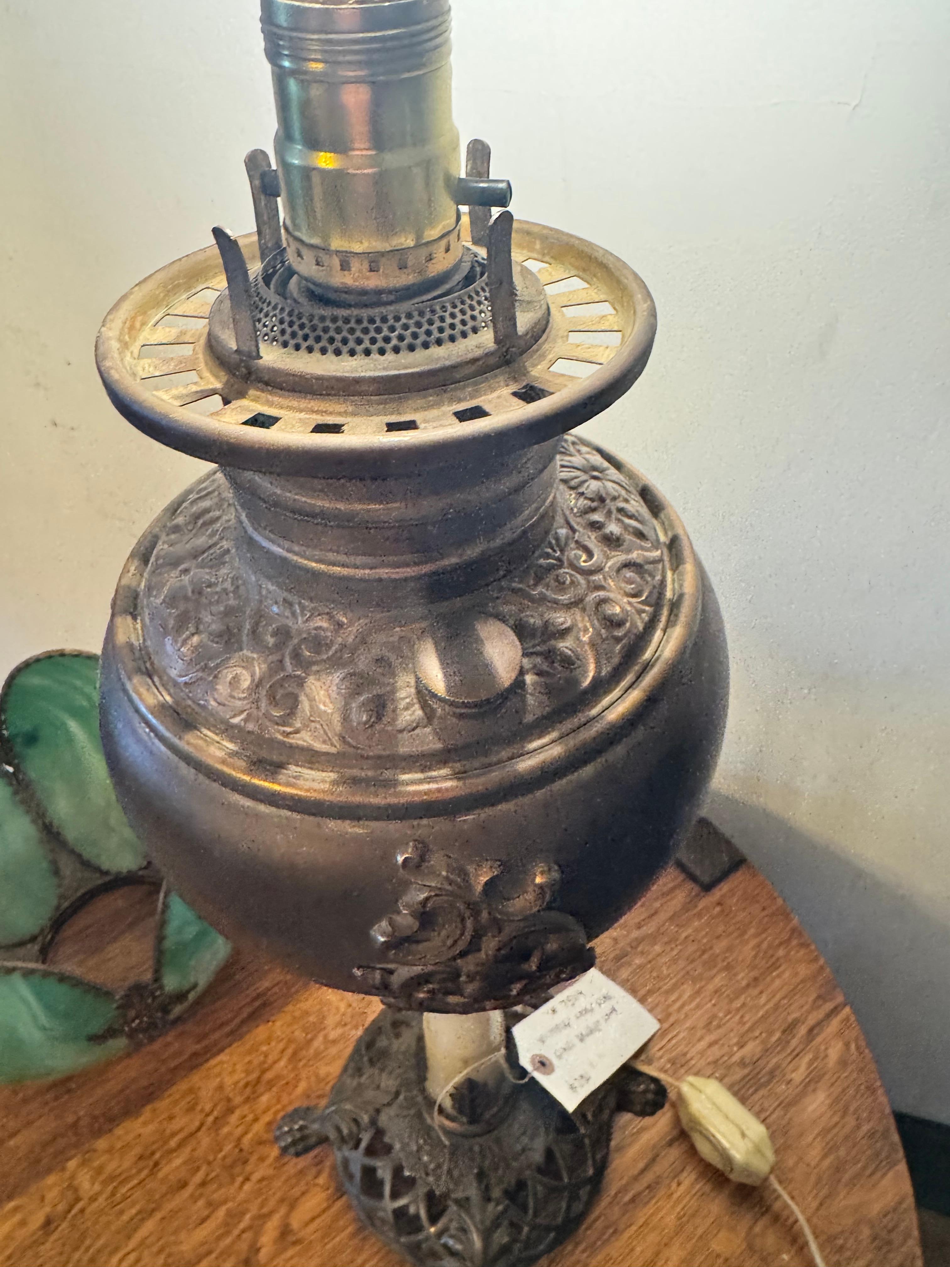 `Victorian Green Slag Glass Banquet Lamp - W7504  NOW ON SALE For Sale 4