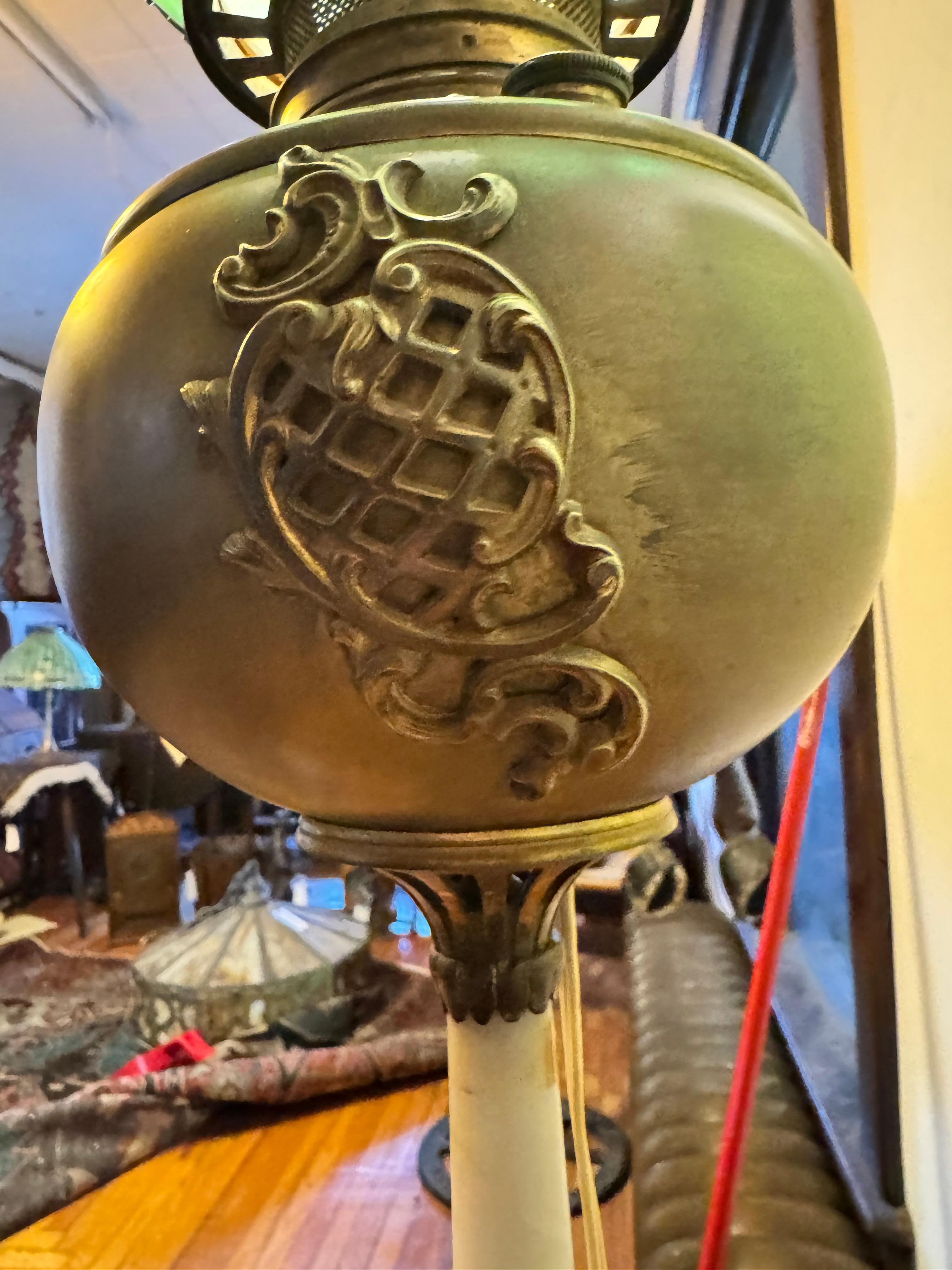 `Victorian Green Slag Glass Banquet Lamp - W7504  NOW ON SALE For Sale 5